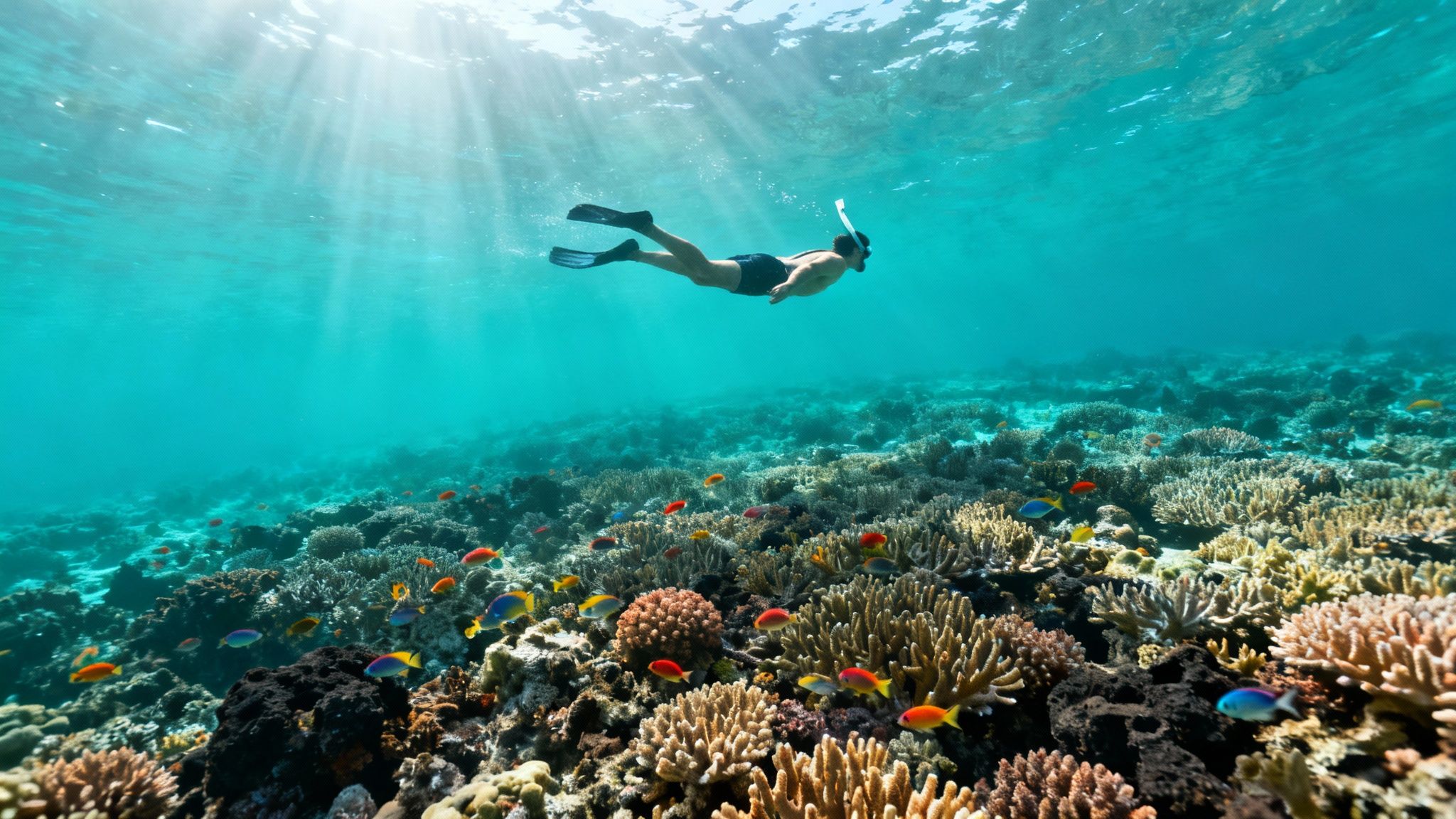 A man in snorkel gear swims over a vibrant coral reef with many colorful fish.