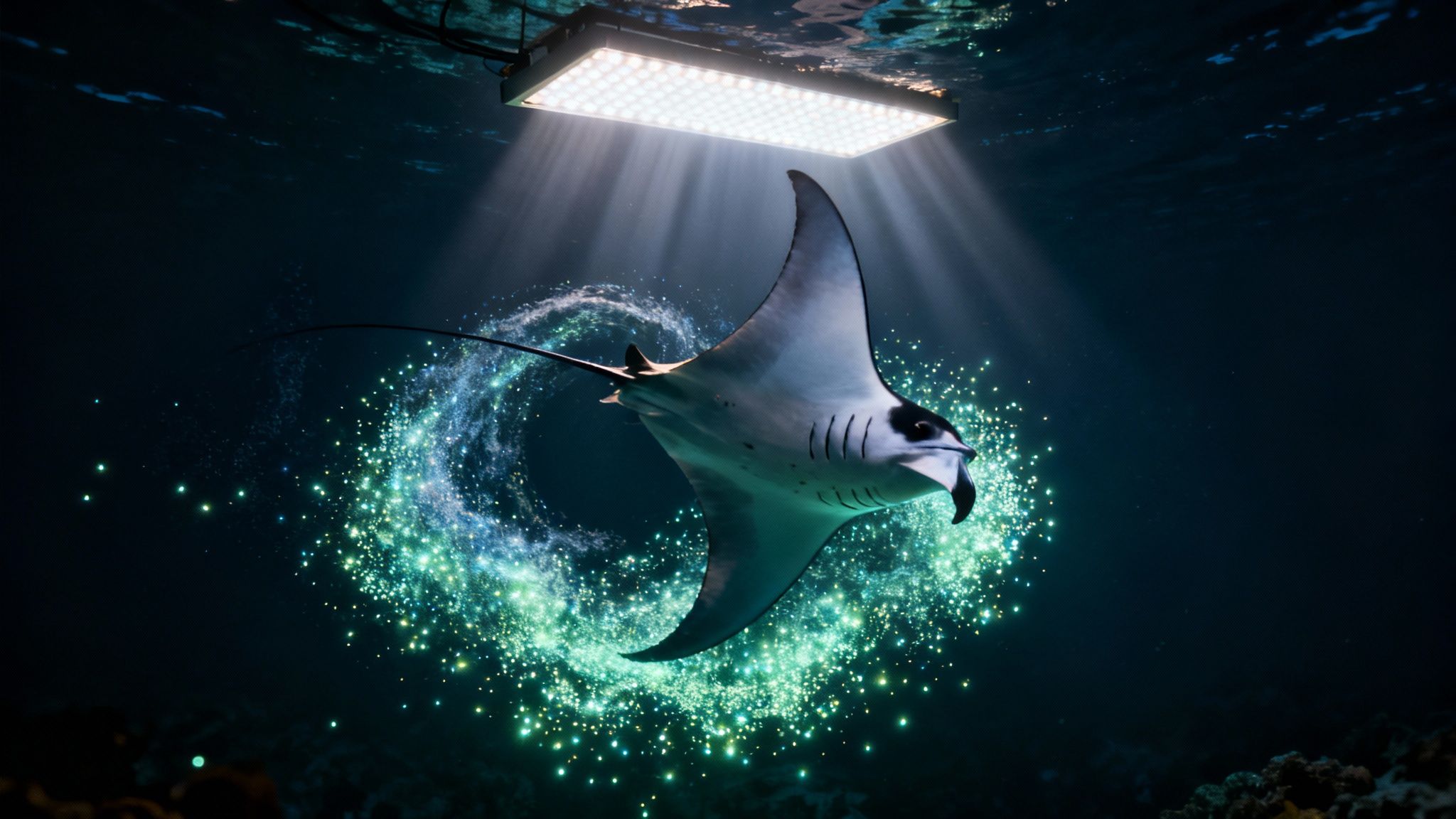 A majestic manta ray swims gracefully at night, illuminated by an overhead light and glowing particles.
