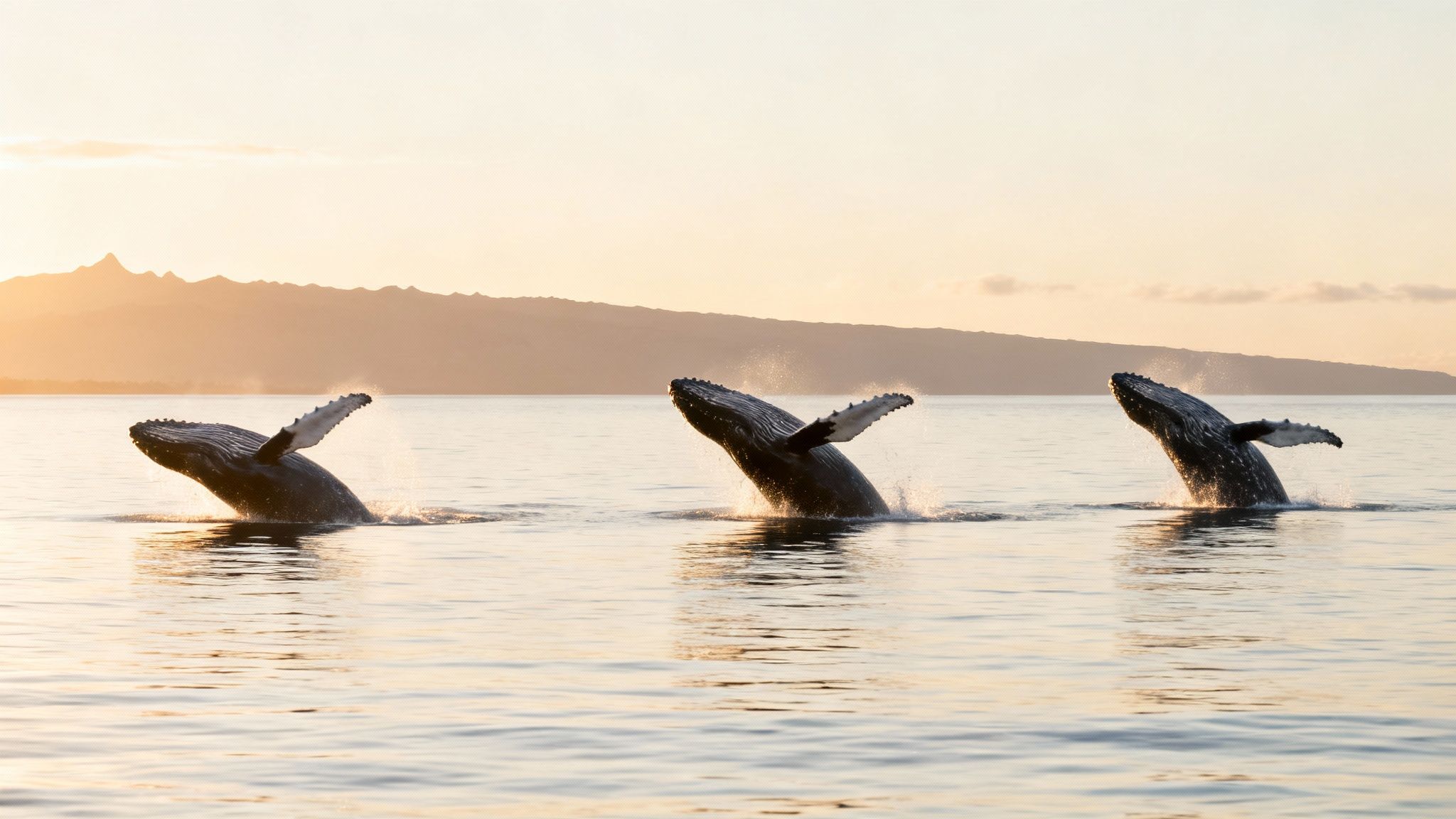 Three majestic humpback whales breaching from the ocean at a golden sunset, mountains in background.