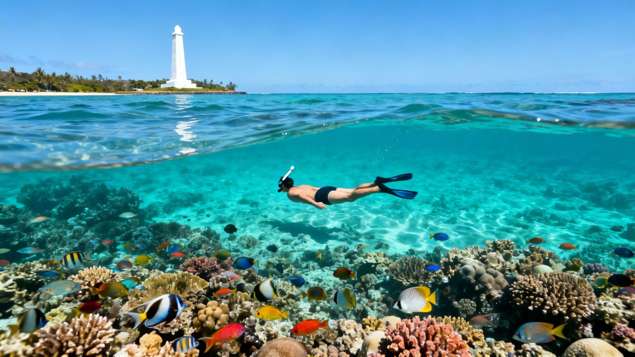 Snorkeler exploring a vibrant coral reef below the water, with a lighthouse and beach above.