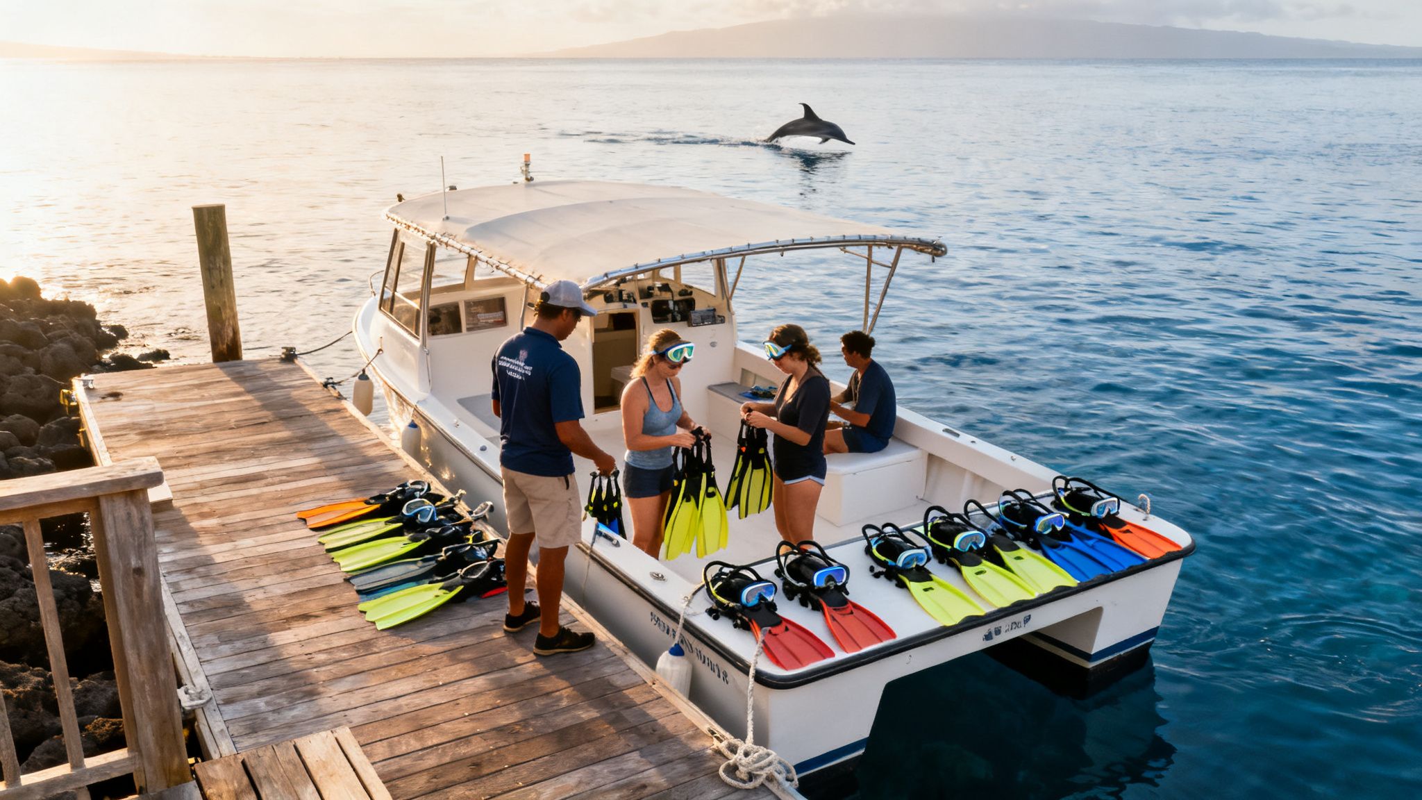 A group prepares for snorkeling from a boat at a dock with a dolphin jumping in the ocean.