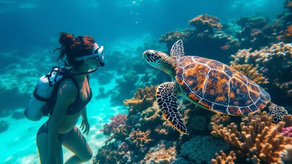 A snorkeler observing a sea turtle from a safe and respectful distance.