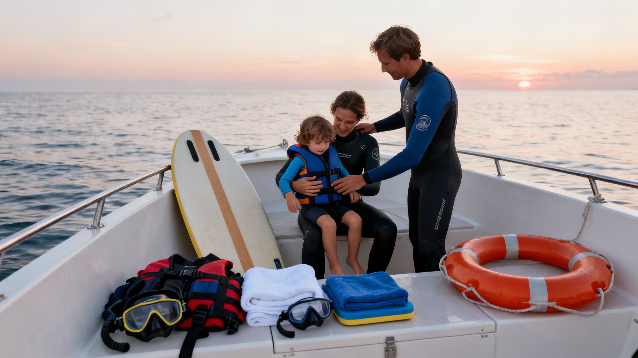 A family on a boat at sunset, with adults helping a child wear a life jacket.
