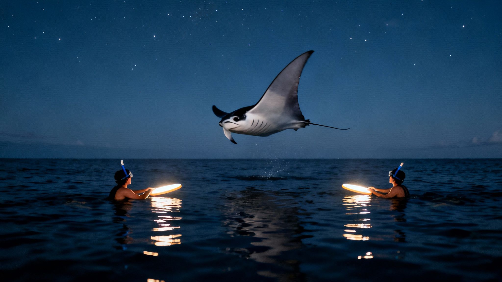 Two snorkelers with glowing lights watch a majestic manta ray leaping under a starry night sky.