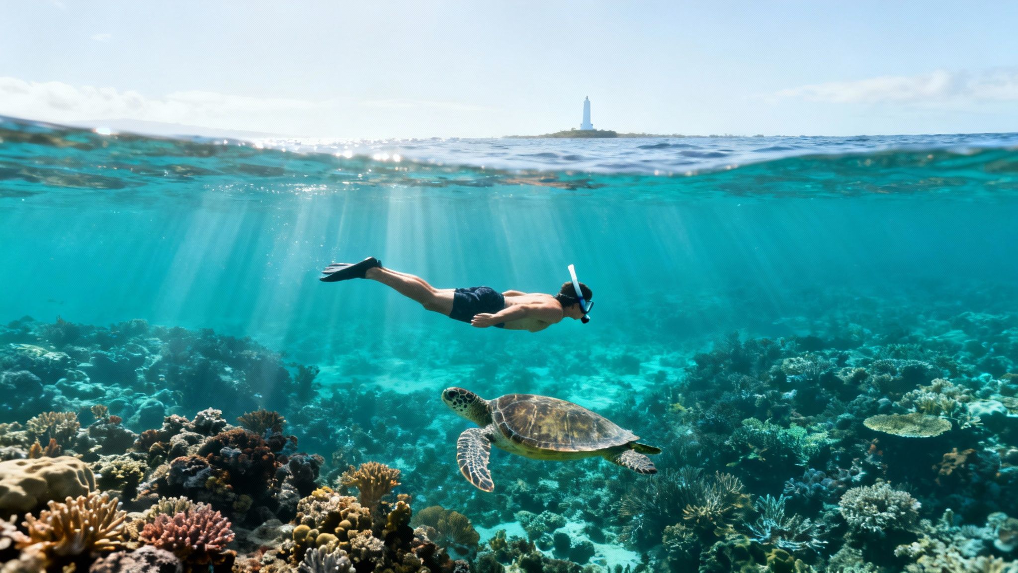 A man snorkeling next to a sea turtle over vibrant coral reefs, with a lighthouse in the distance.