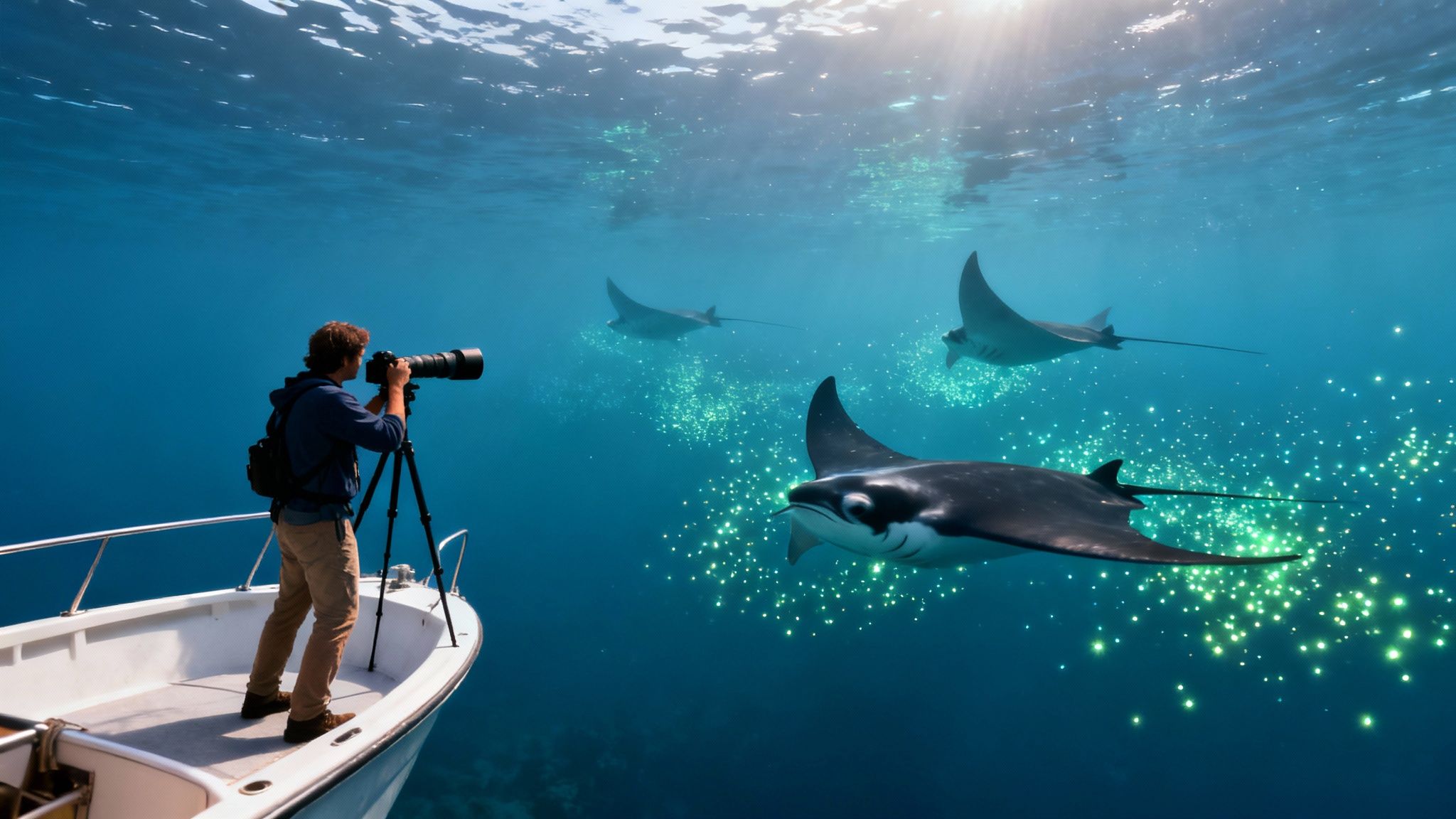 A man on a boat photographs manta rays swimming in glowing blue ocean water.
