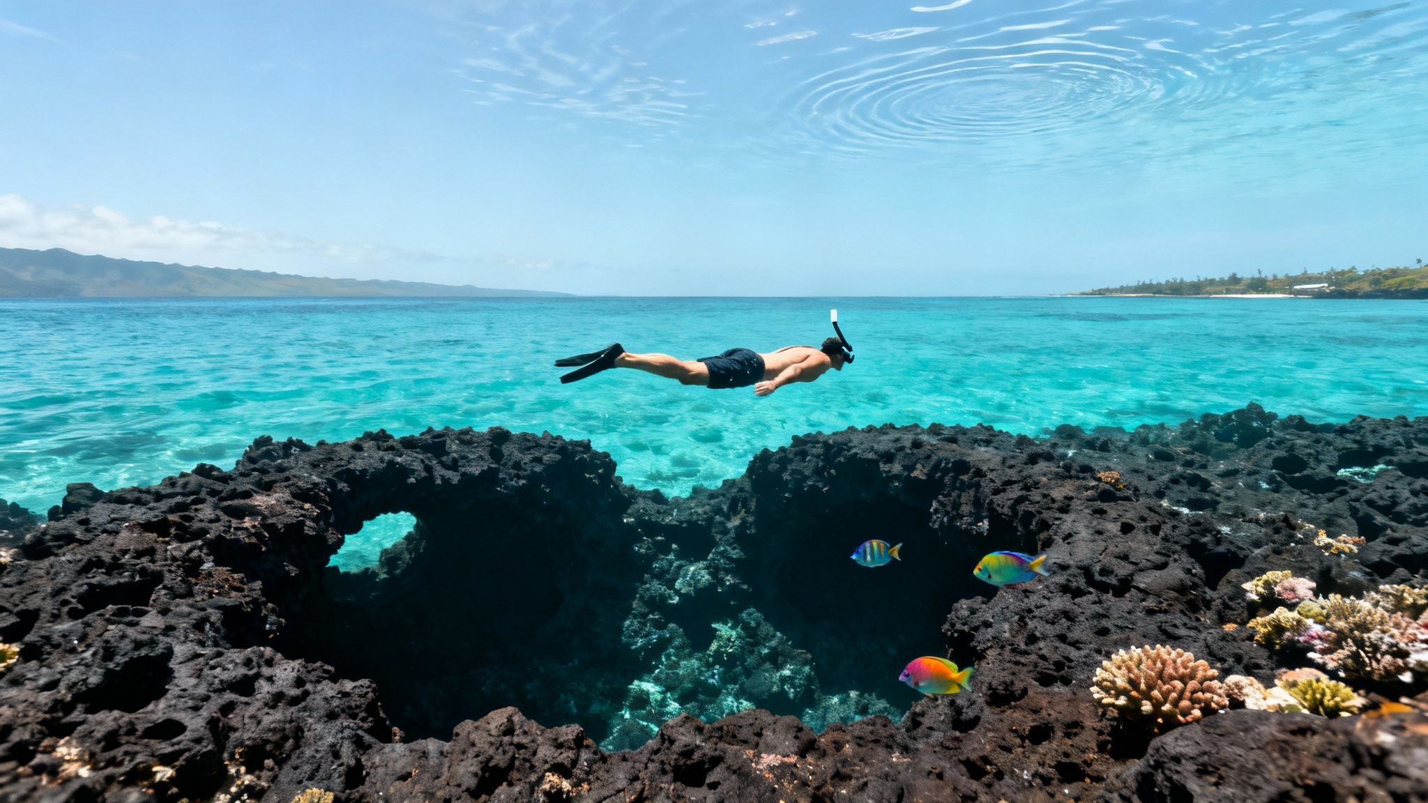 A person snorkels above dark volcanic rocks and colorful fish in clear turquoise water.