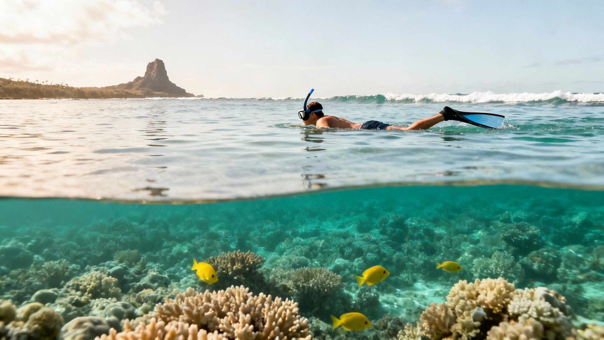 A person snorkeling in clear blue water above a vibrant coral reef with yellow fish, with a dramatic rocky island in the background.