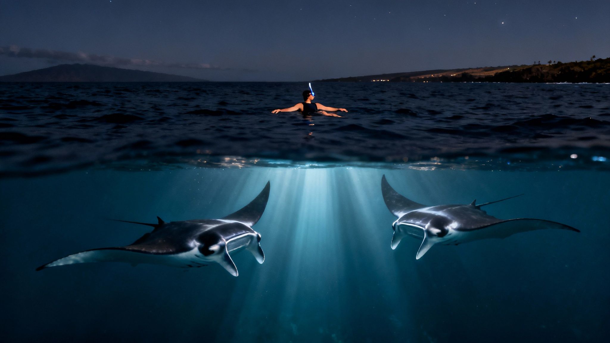 A person snorkeling at night with two manta rays glowing underwater under the stars.
