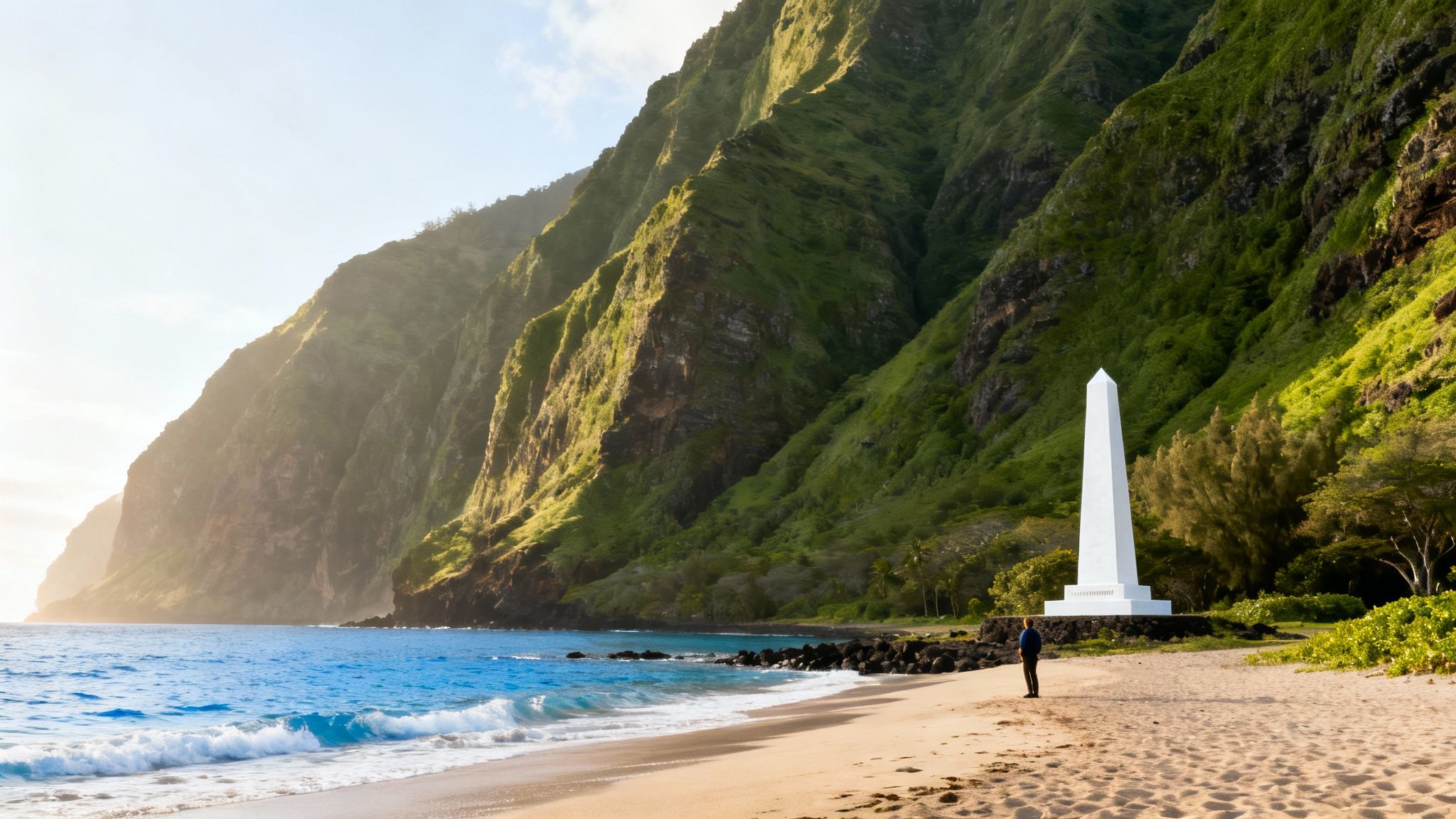 A person stands on a sunny Hawaiian beach admiring a white Captain Cook monument with green mountains.