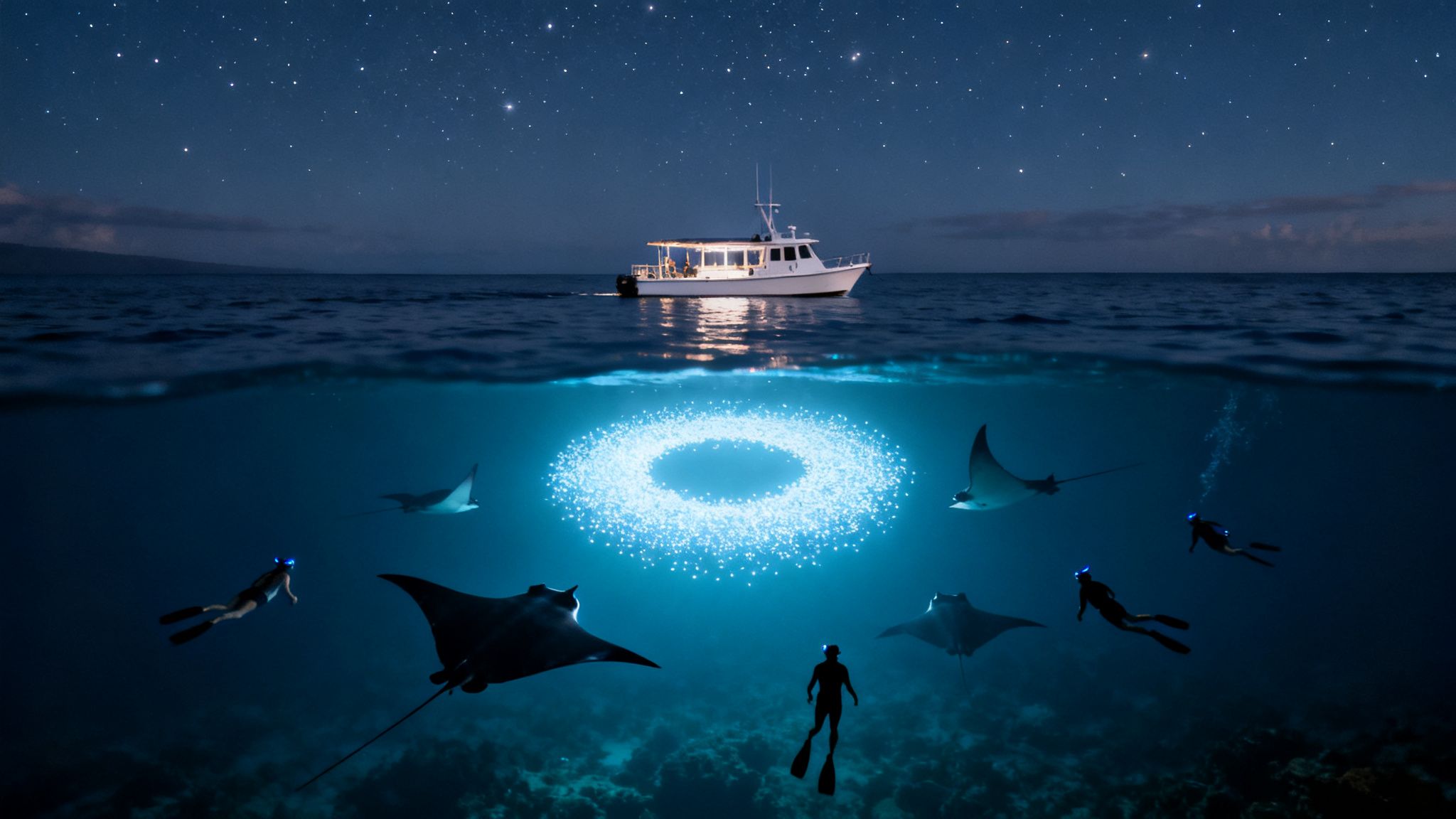 Night scene of divers and manta rays swimming underwater with a boat and starry sky above.