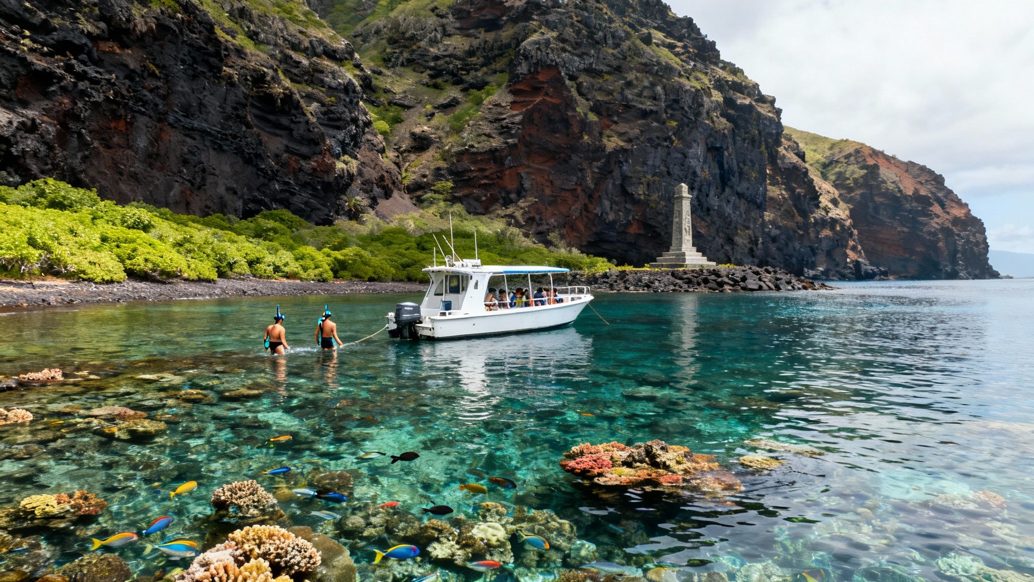 Tropical bay with snorkelers, colorful coral, fish, a tour boat, and dramatic cliffs.