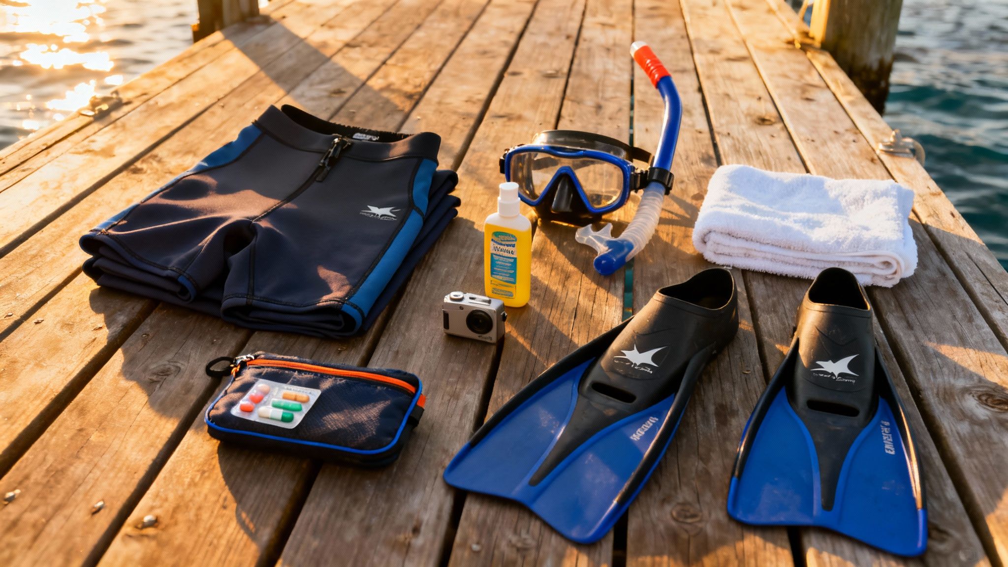 Snorkeling gear and essentials, including a wetsuit, mask, fins, and sunscreen, on a wooden dock.
