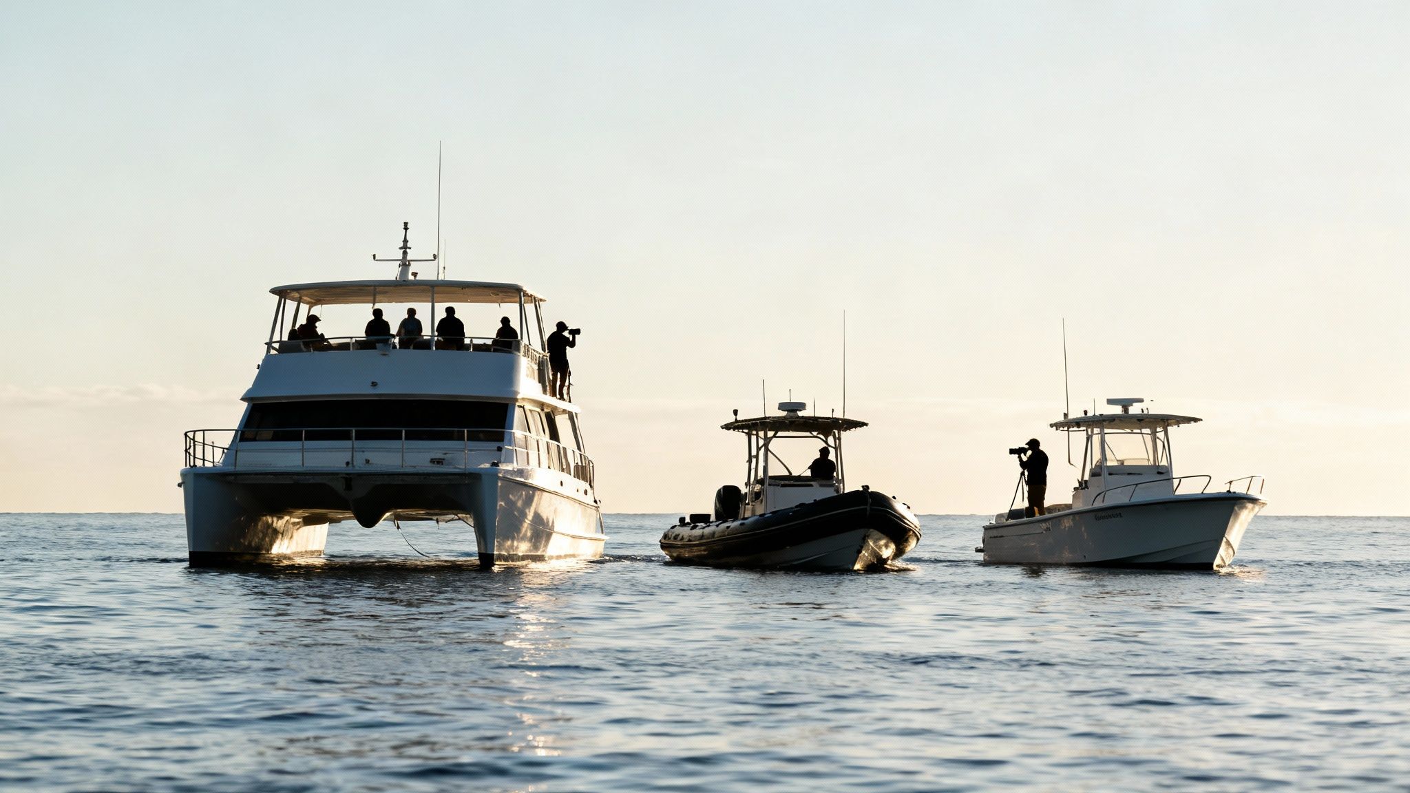 Silhouettes of people on three boats on the ocean at sunrise, with one person filming.