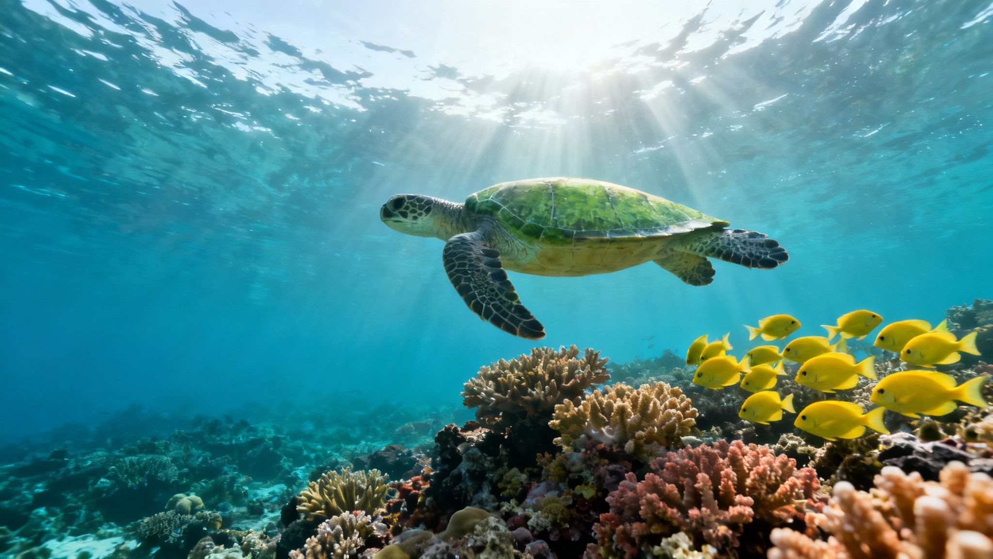 Green sea turtle swims gracefully over a colorful coral reef with a school of yellow fish and sunbeams.