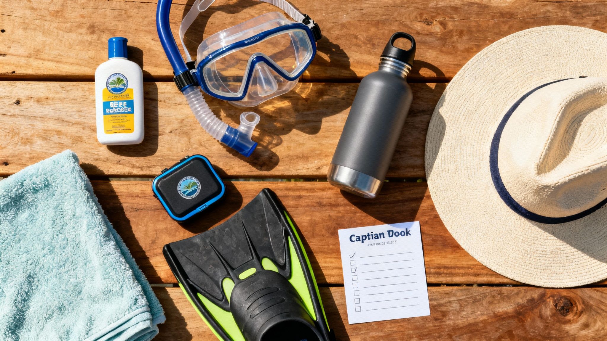 Flat lay of snorkel gear, including mask, fins, sunscreen, hat, and towel on wood.