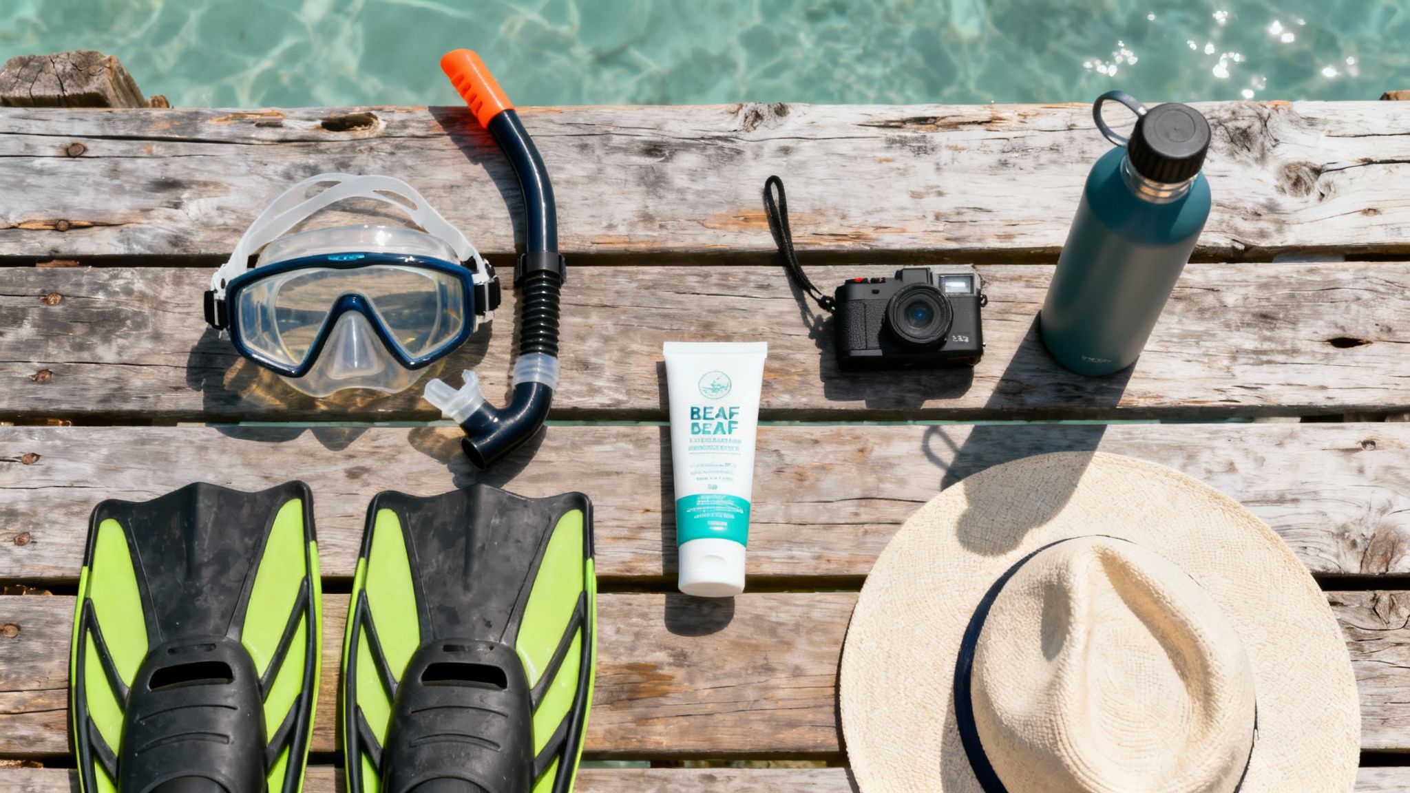 A person's hand holding a waterproof camera above the clear blue water with a snorkel boat in the background.