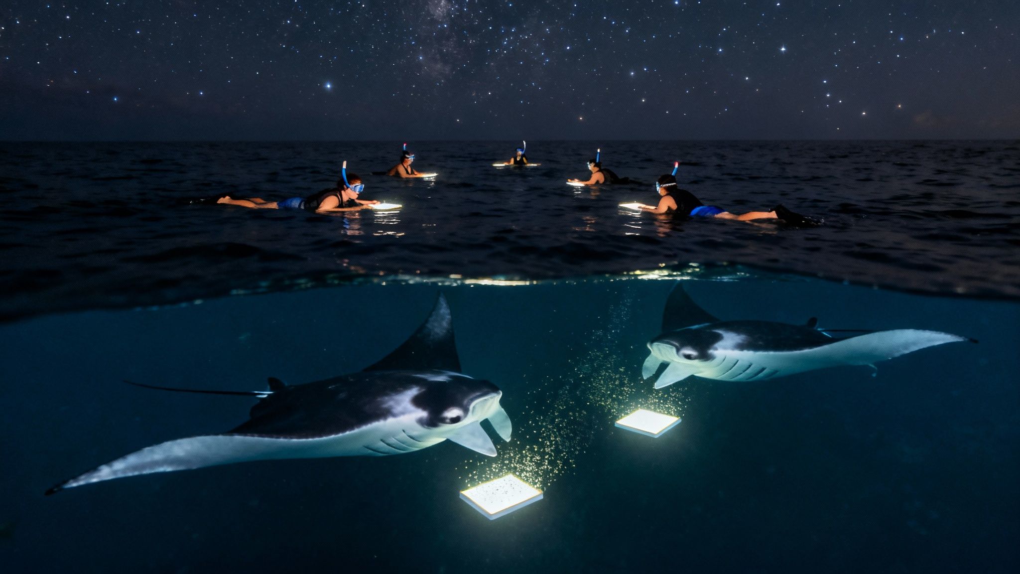 Night snorkeling with majestic manta rays feeding under a starry sky, split view.
