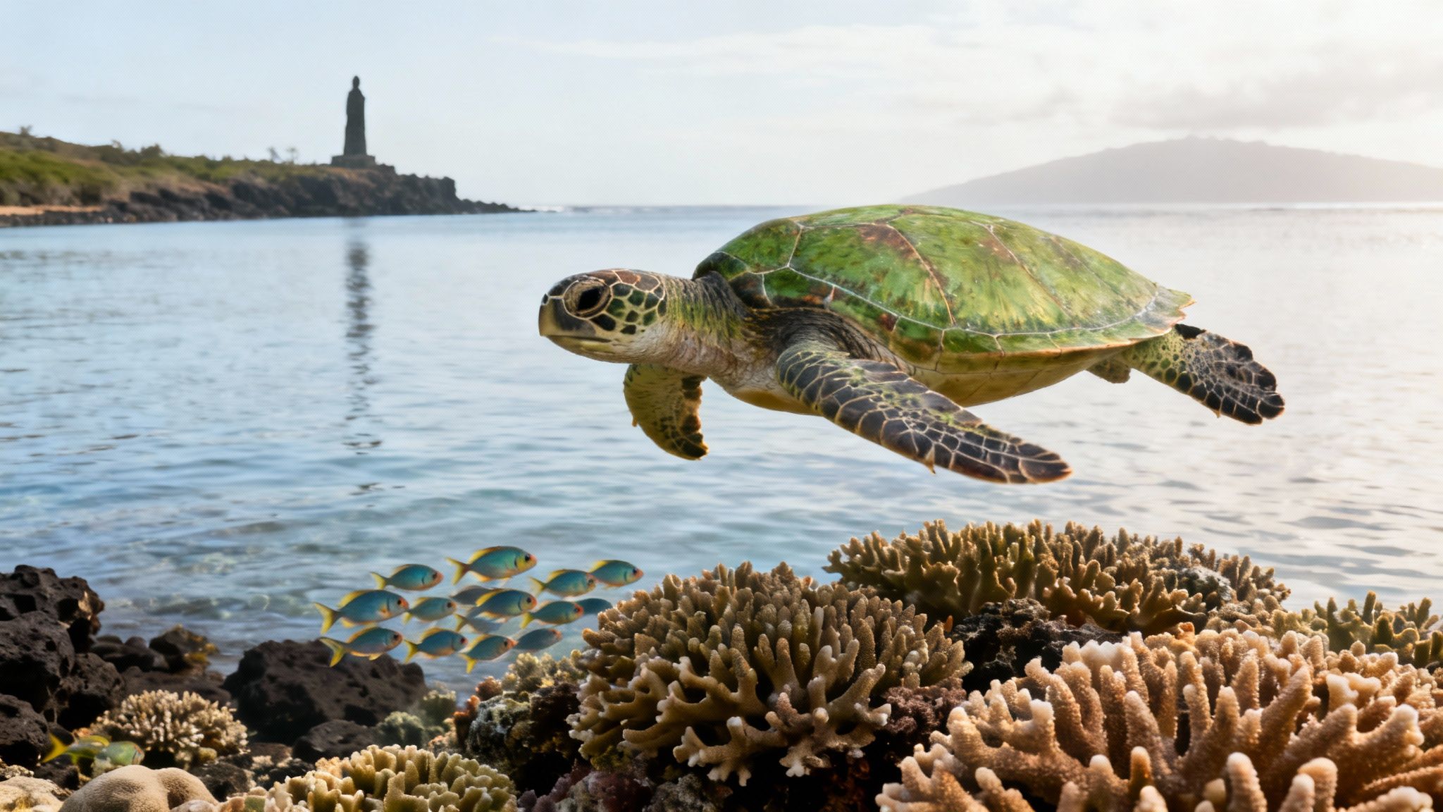 A green sea turtle swims above vibrant coral reefs and fish in tropical ocean water.