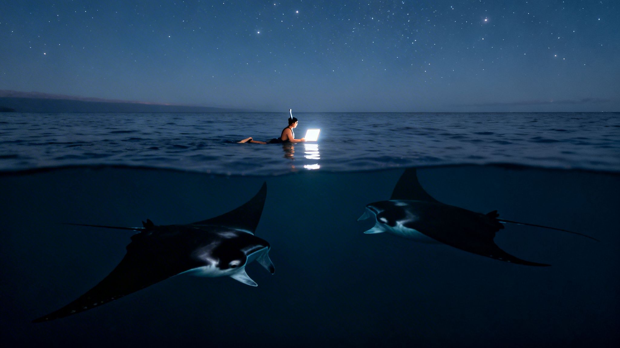 A person snorkels at night, using a glowing laptop in the ocean with two manta rays below.