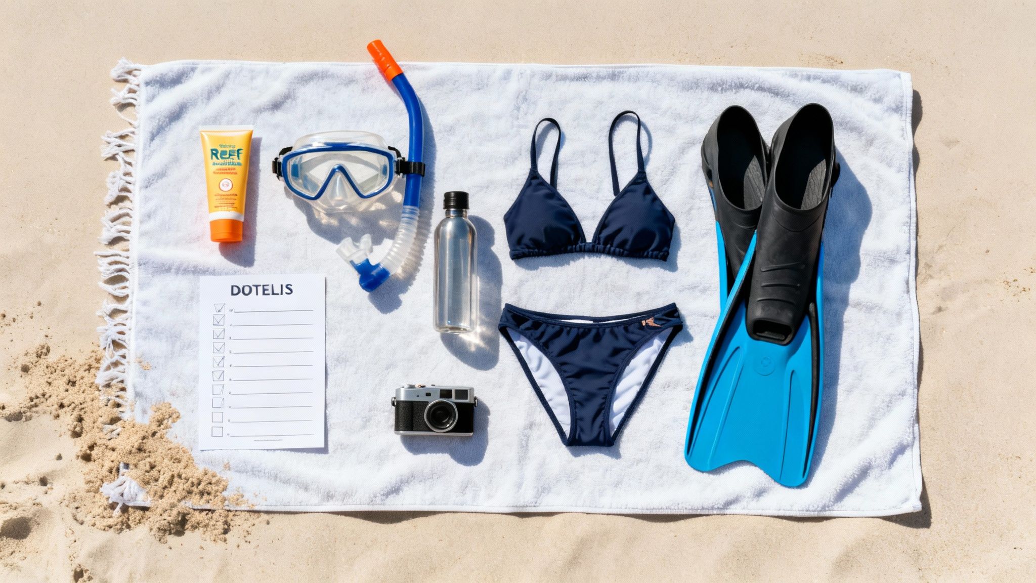 Beach flat lay with snorkel gear, bikini, sunscreen, camera, and checklist on a towel.
