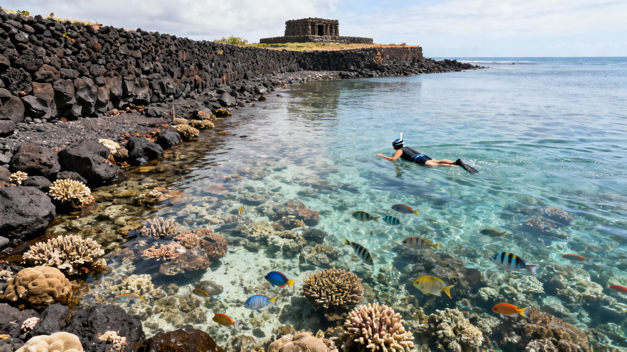 A person snorkeling over vibrant coral reefs with tropical fish near a volcanic rock wall and an ancient temple.