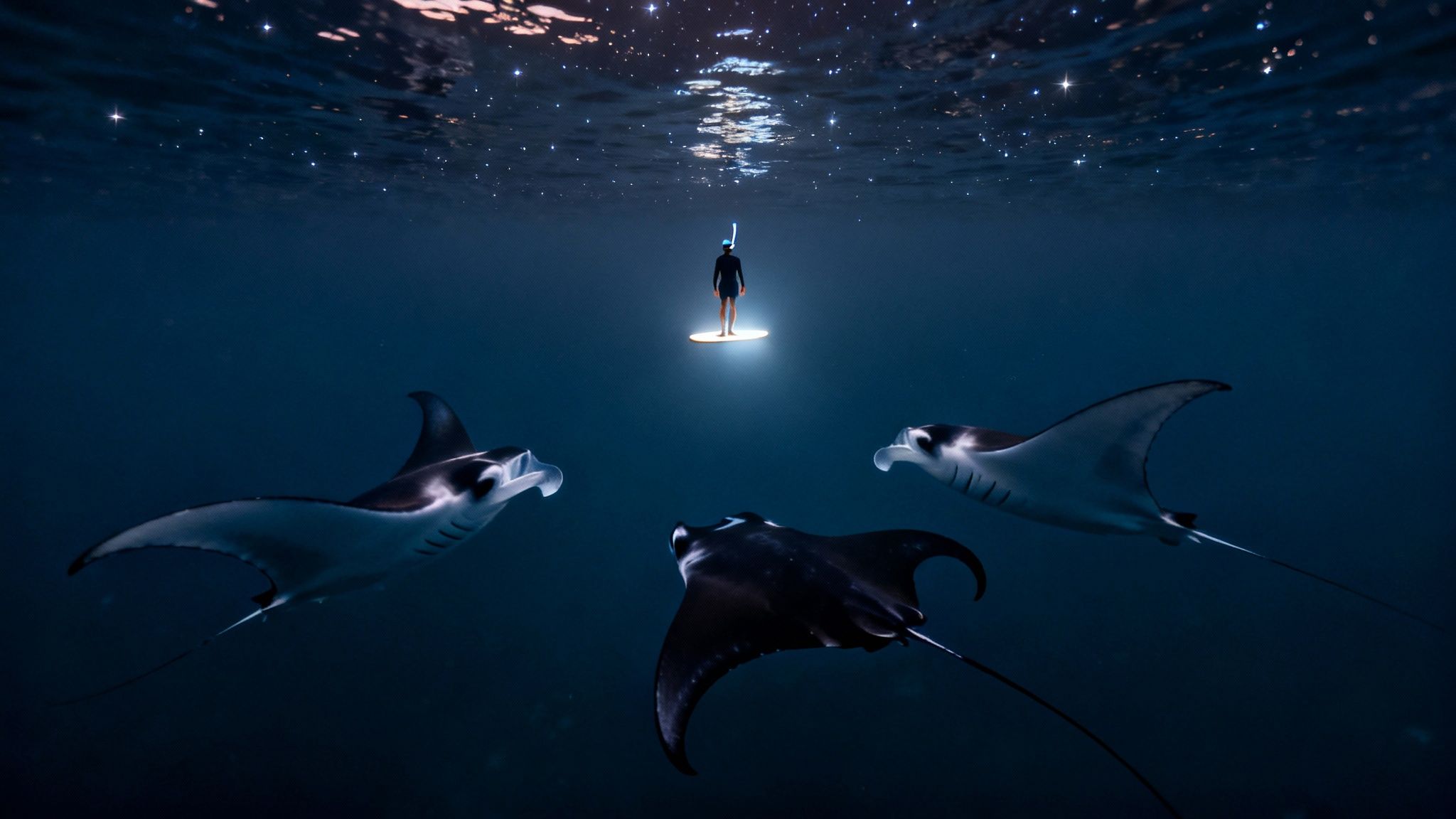 Underwater view of a snorkeler on a glowing board surrounded by three manta rays at night.