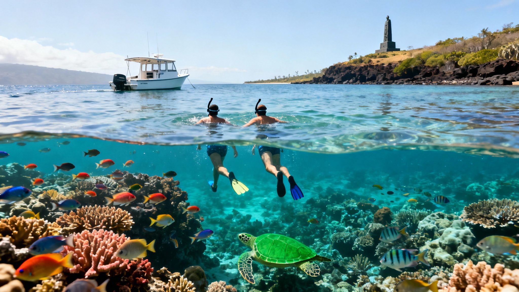 Split view showing two snorkelers, a boat, an island, and an underwater coral reef with fish and a turtle.