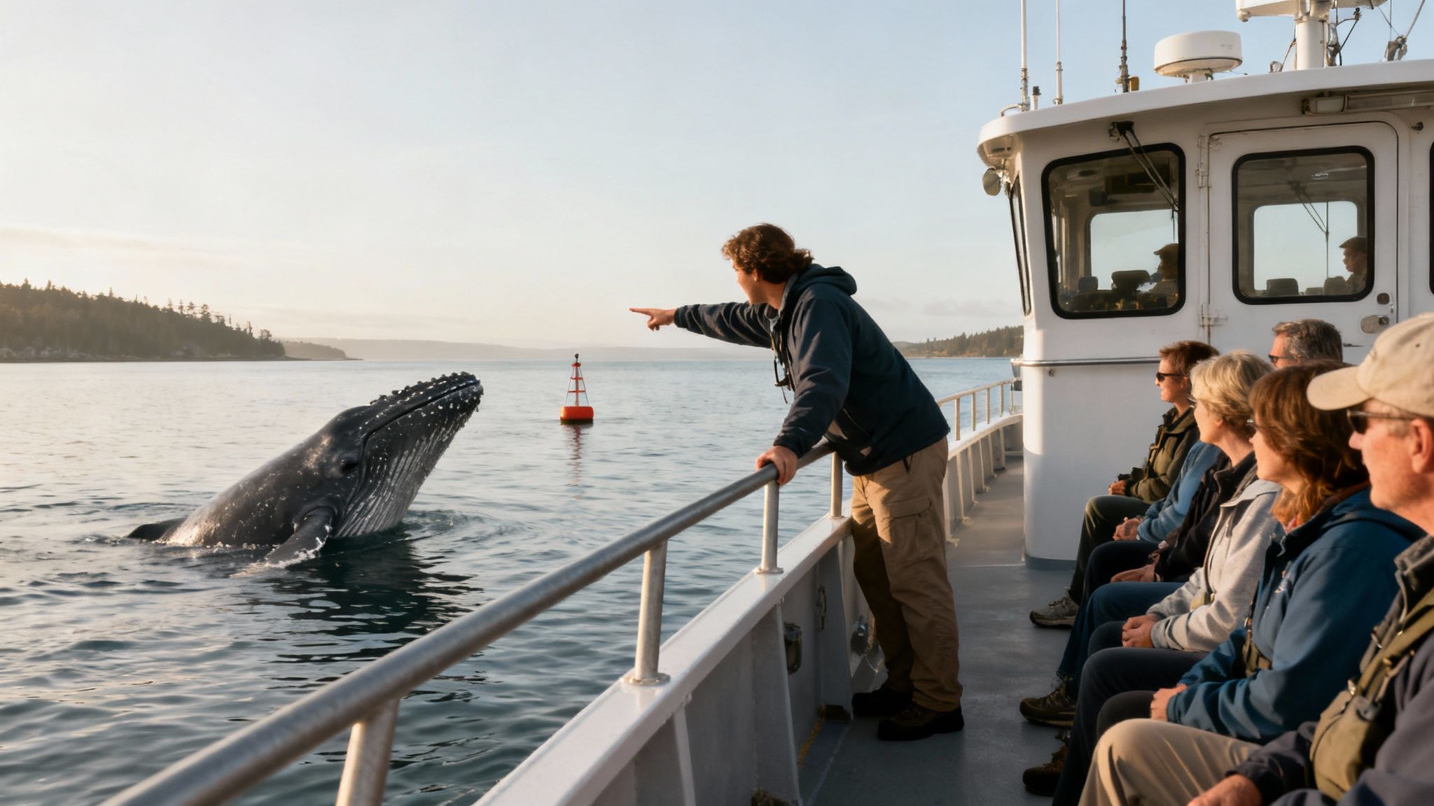 Tour guide pointing at breaching humpback whale during whale watching excursion on boat