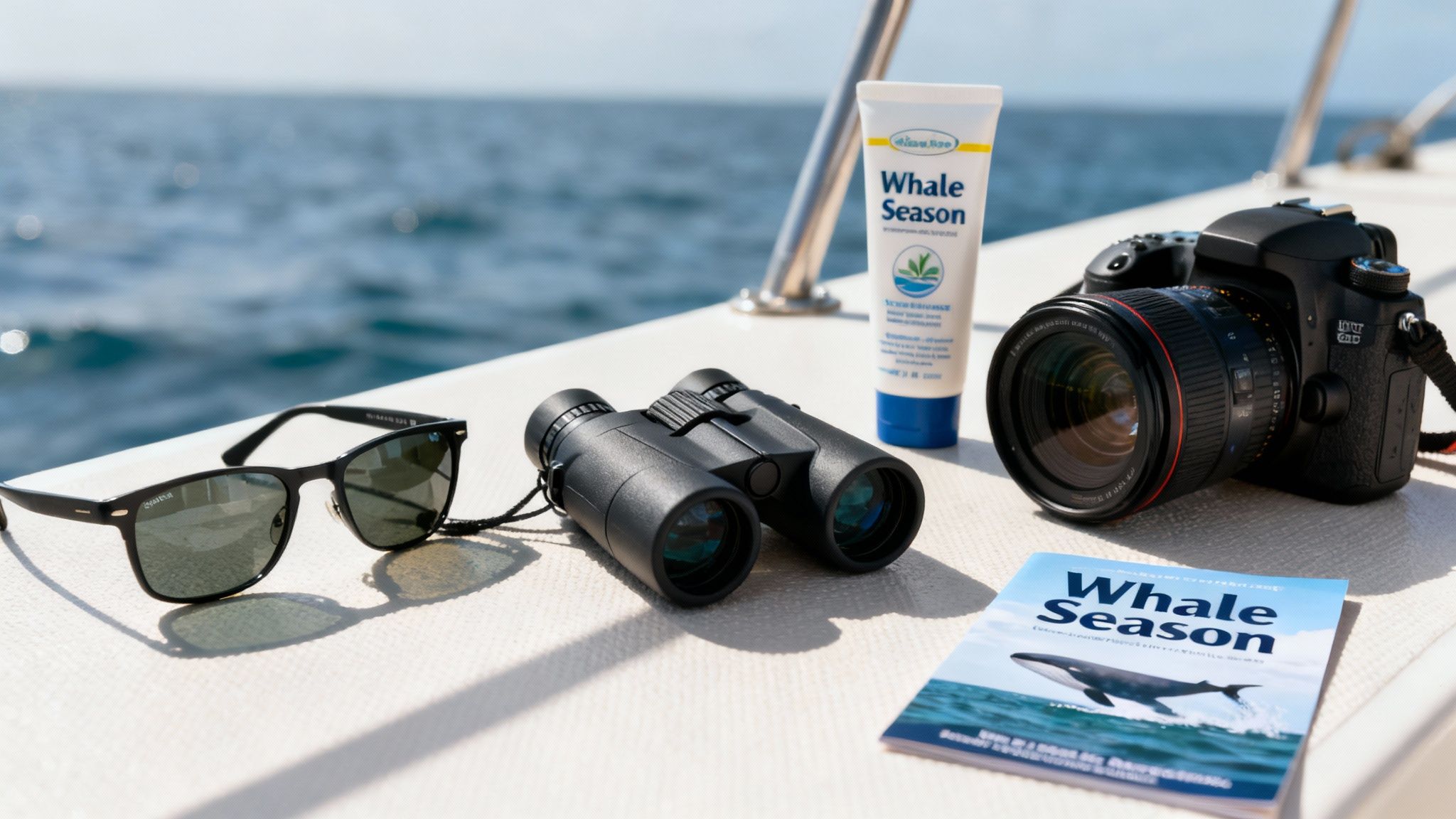 Essentials for whale watching including sunglasses, binoculars, camera, sunscreen, and a 'Whale Season' brochure on a boat.