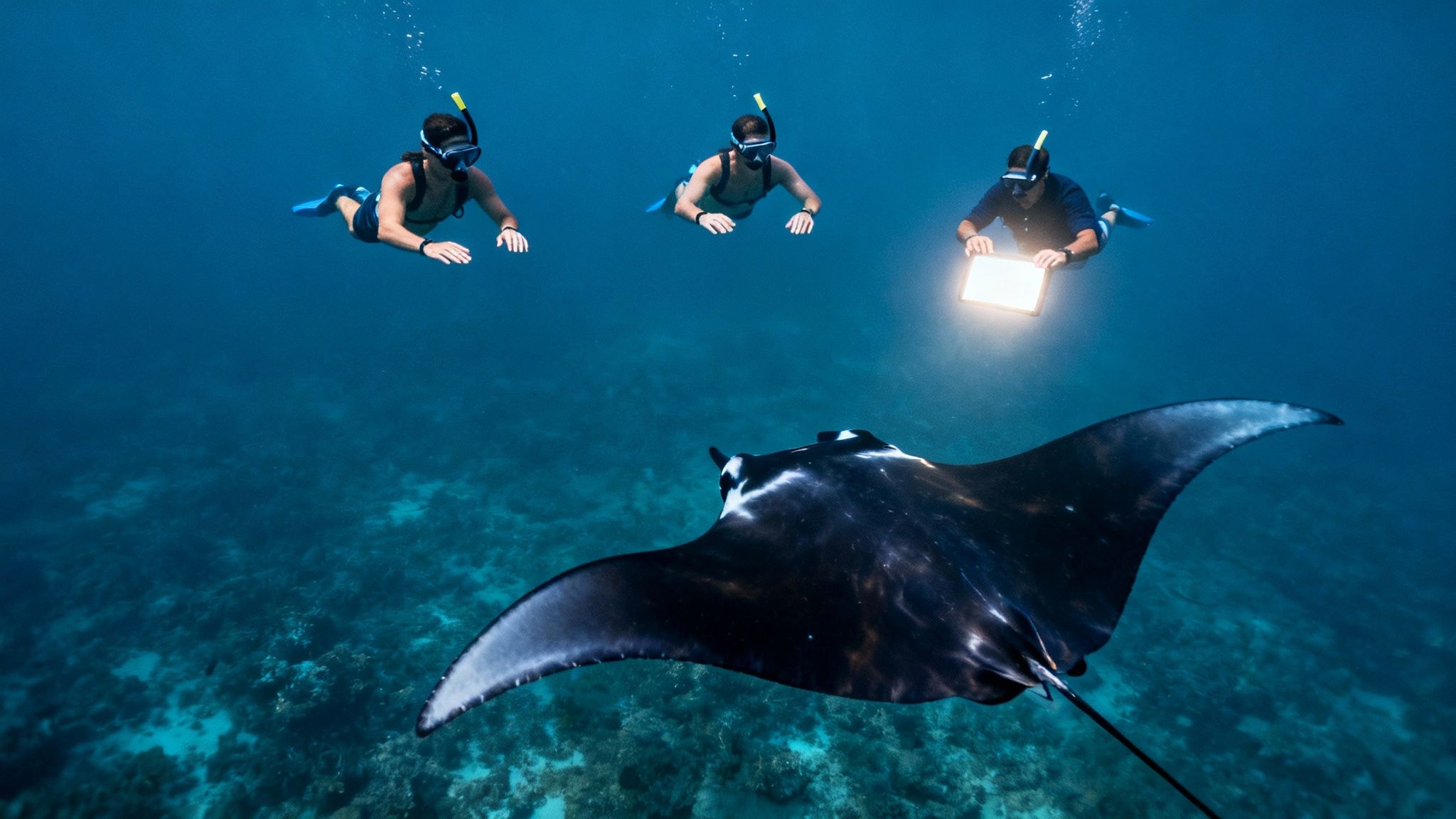 Three snorkelers observe a majestic manta ray illuminated by a light in the deep blue ocean.