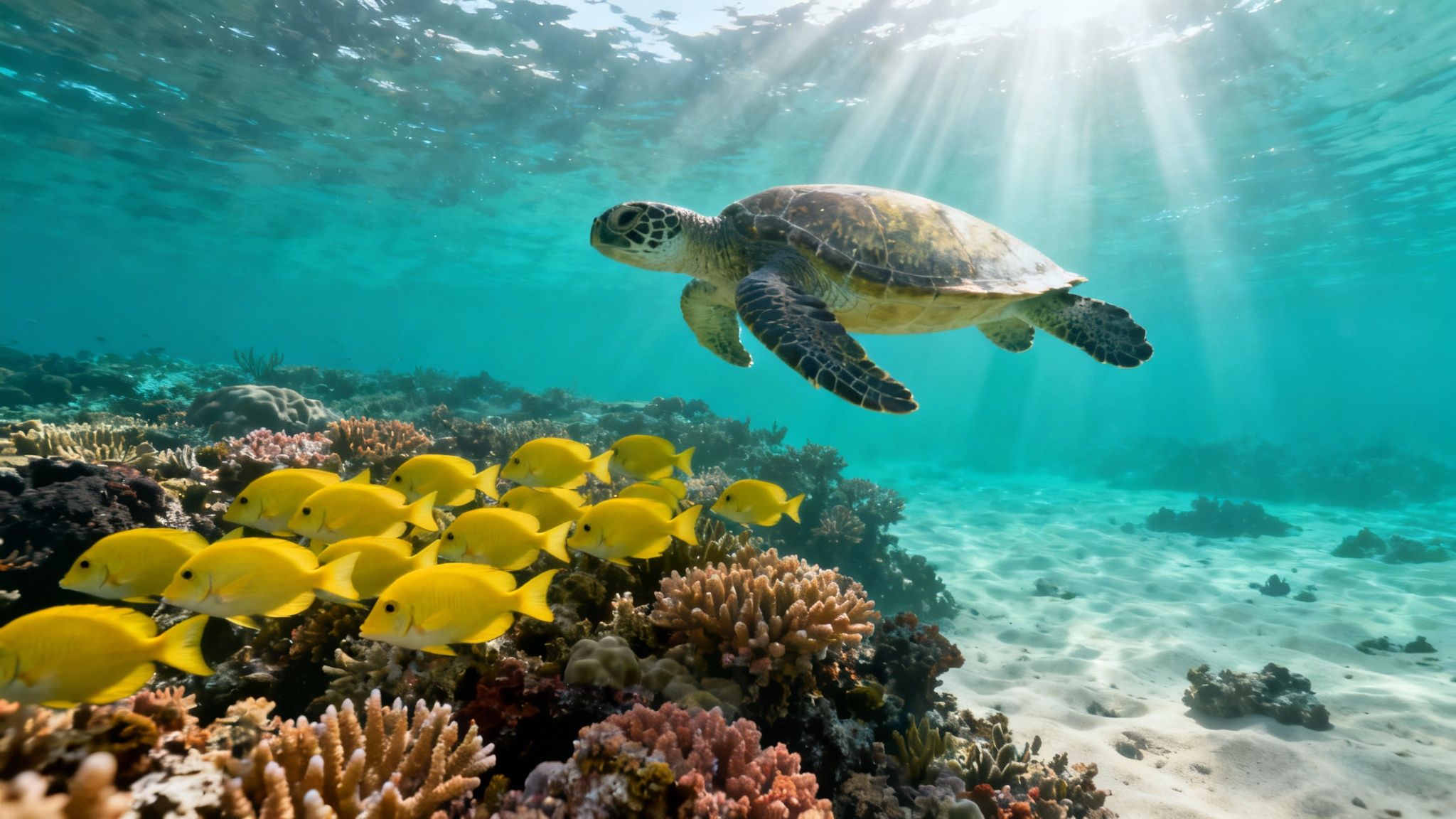 A sea turtle gracefully swims over a colorful coral reef with bright yellow fish.