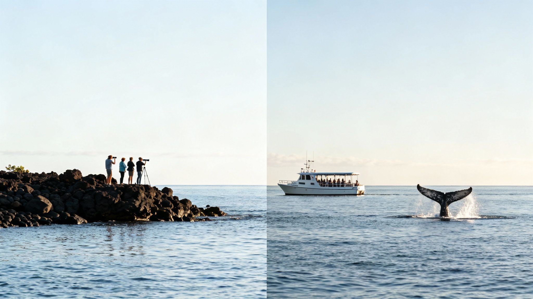 A small tour boat gets a close view of a whale's tail in the ocean off Kailua Kona