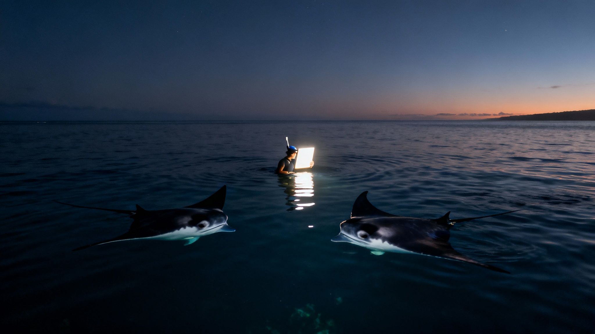 A manta ray glides gracefully through the water at night, illuminated by a diver's light