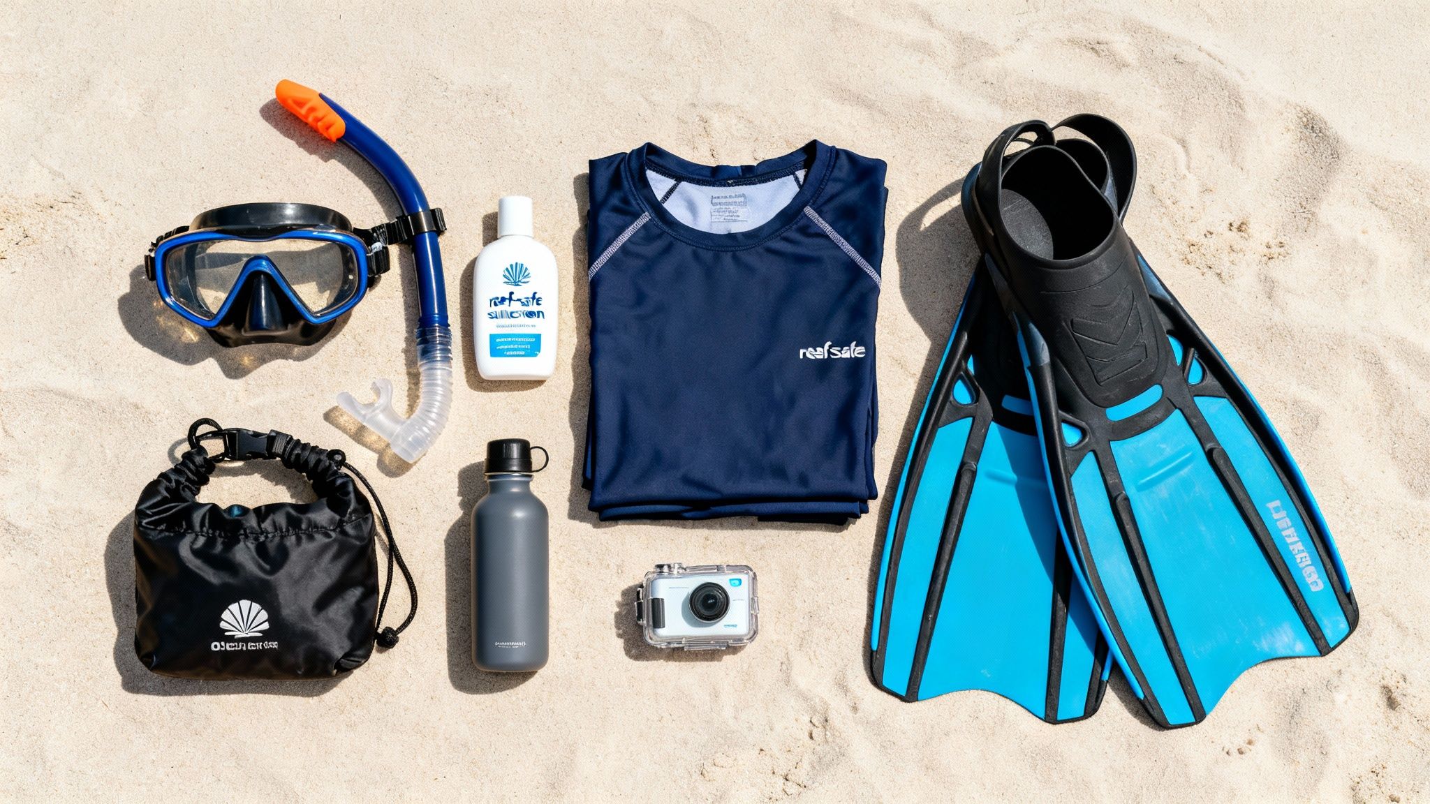 Snorkeling gear and beach essentials laid out on sand, including mask, fins, rash guard, and camera.