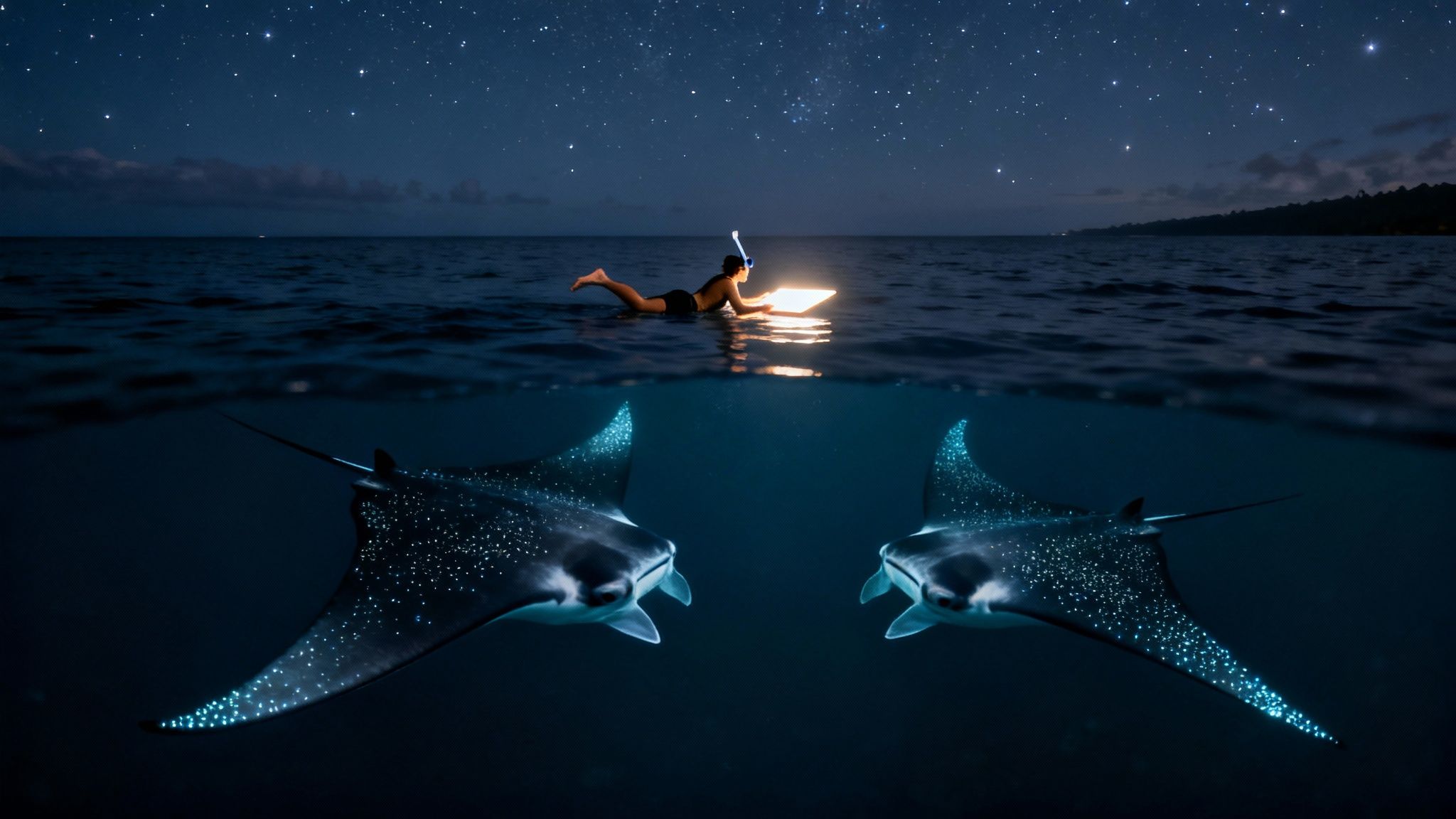 A person with a snorkel board lights up two majestic manta rays swimming beneath the ocean surface under a starry night.