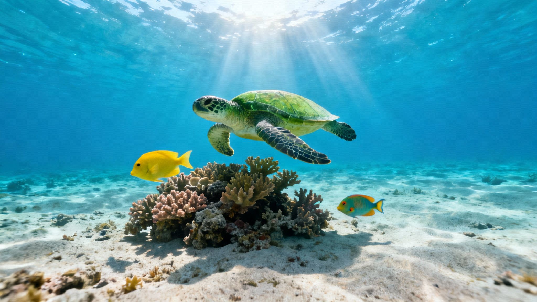 Sea turtle swimming over coral reef with tropical fish in clear blue ocean water