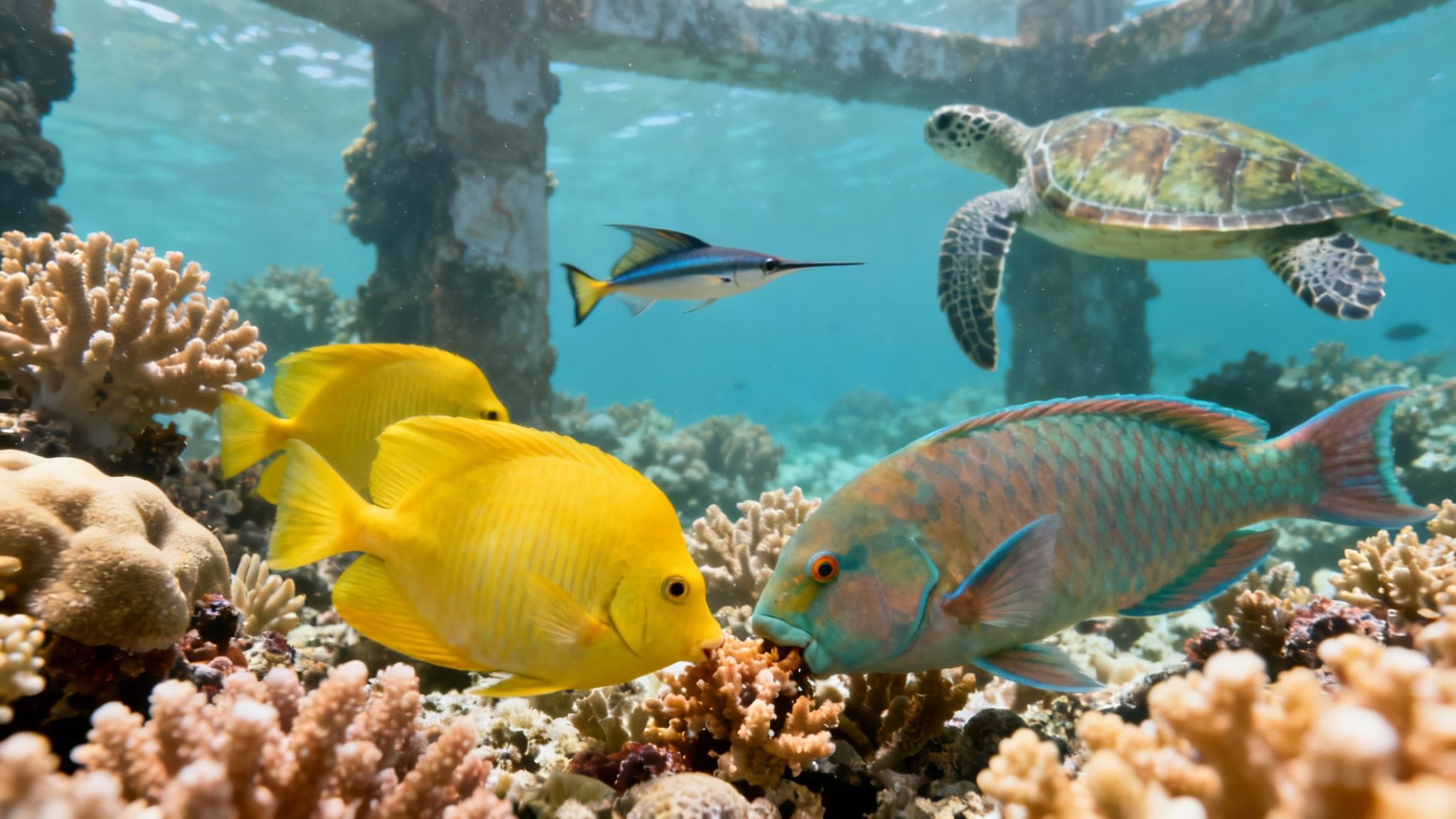 An underwater scene with a sea turtle, yellow fish, and a colorful parrotfish swimming among vibrant coral reefs.