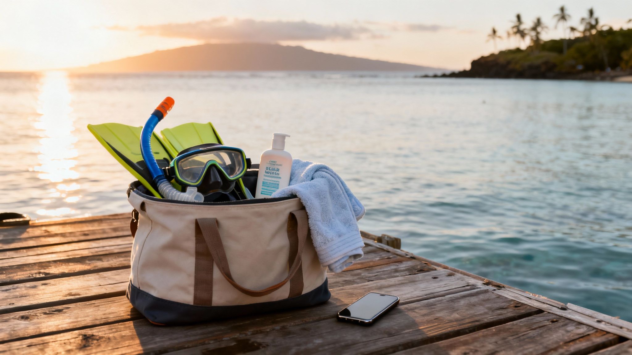Snorkeling gear, sunscreen, and a towel in a bag on a wooden dock at sunset by the ocean.