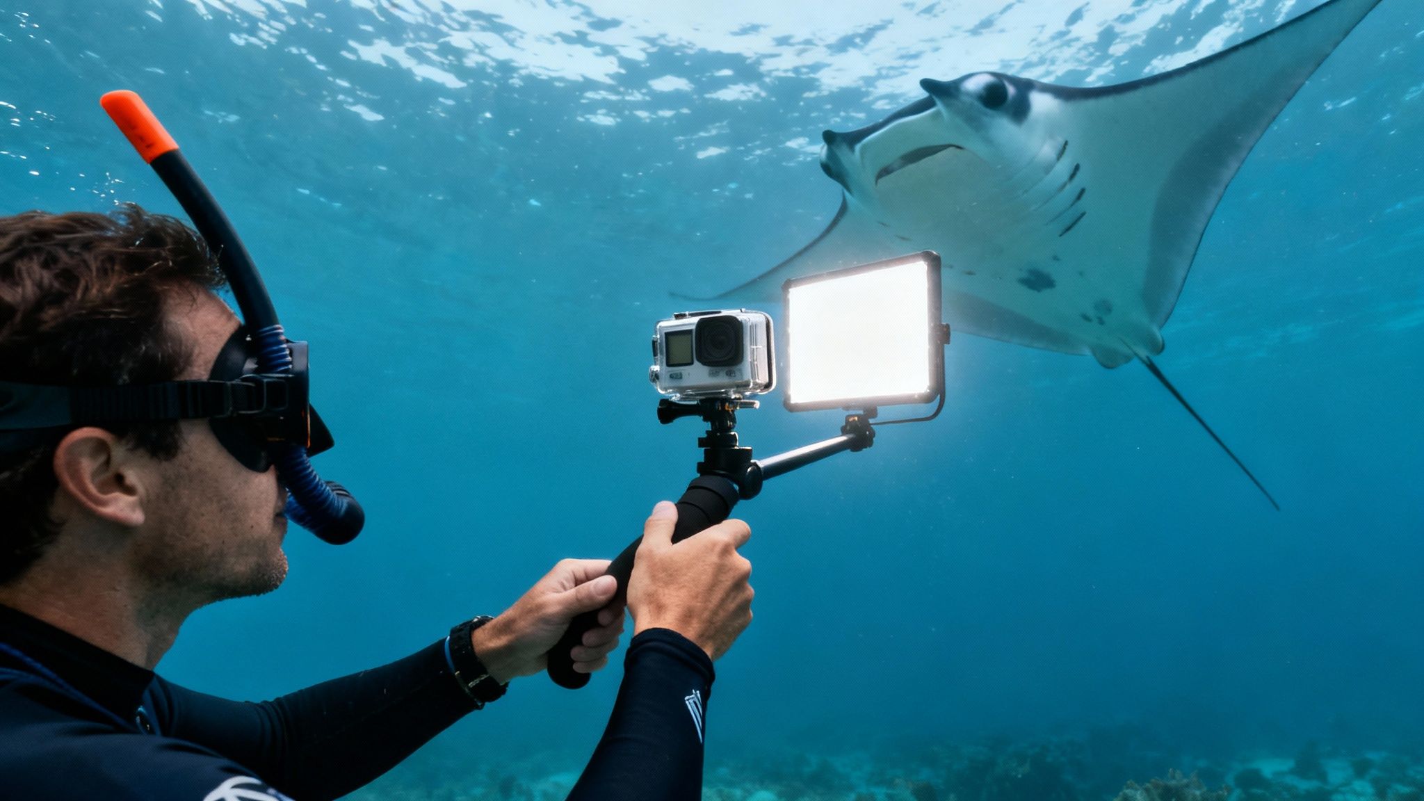 A person snorkeling underwater with a camera and light, capturing a manta ray swimming above.