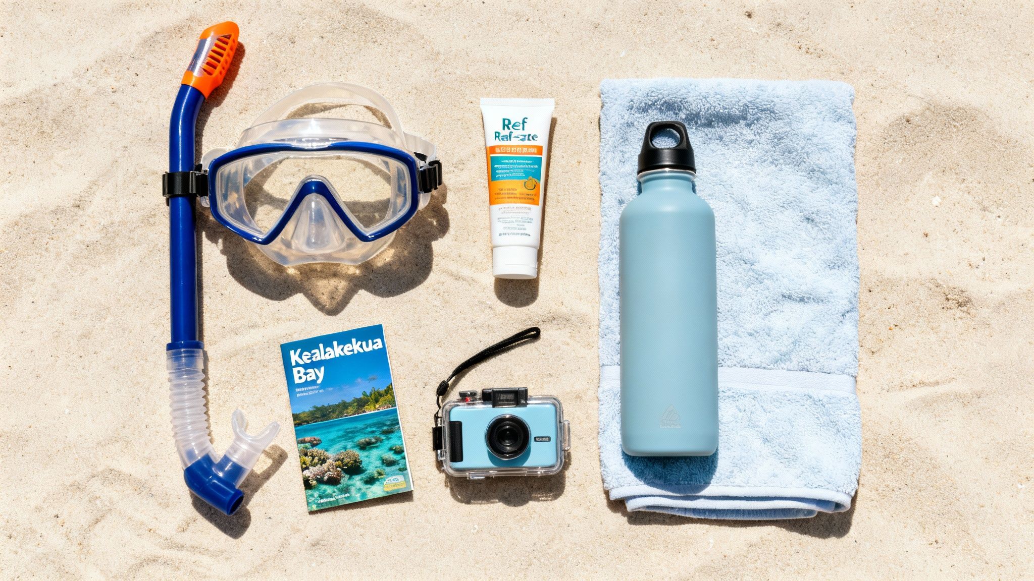 Snorkeling mask and snorkel, sunscreen, water bottle, waterproof camera, and brochure laid on sand.