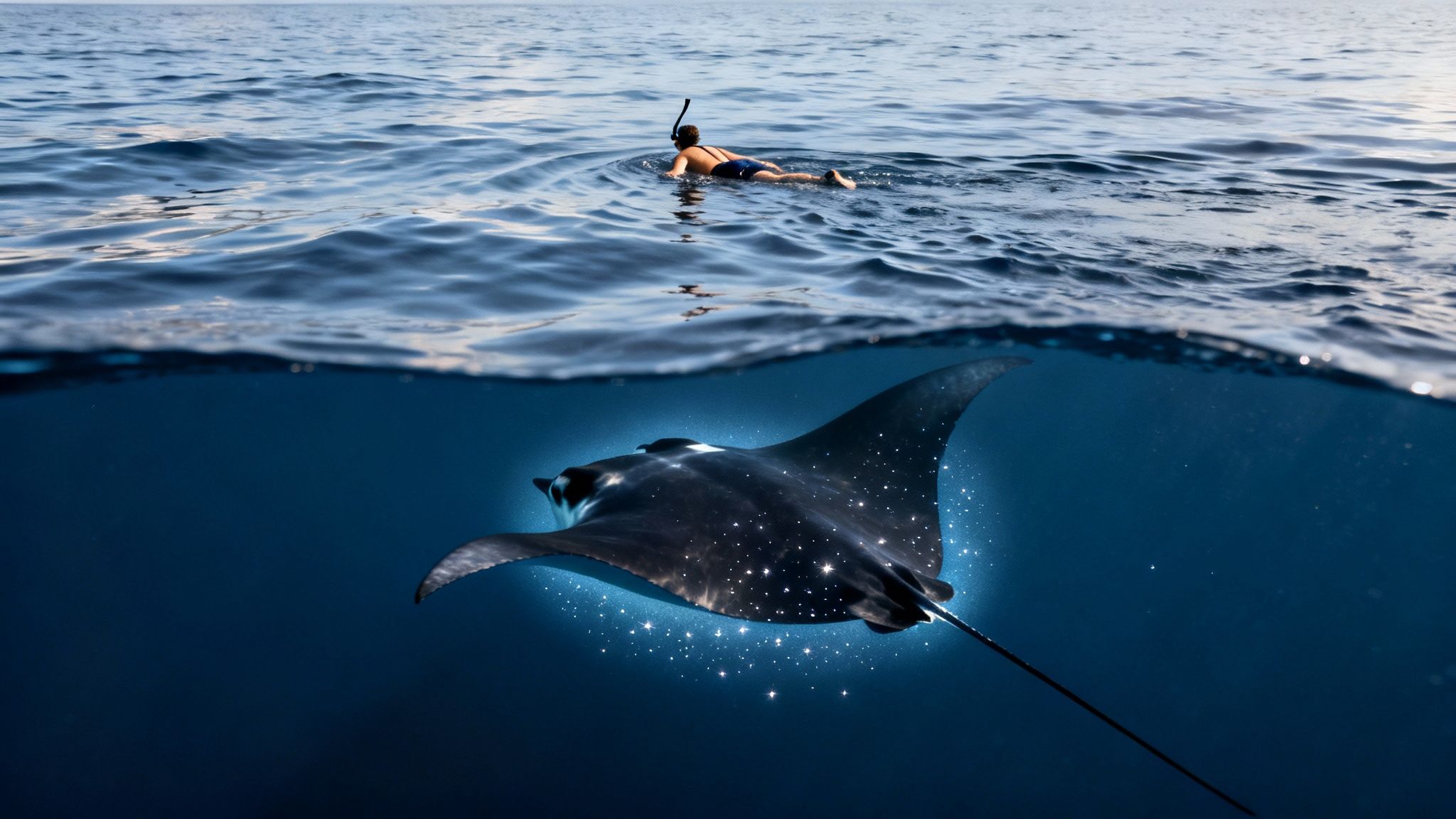 A snorkeler swims above a majestic manta ray adorned with glowing bioluminescent stars in the deep blue ocean.