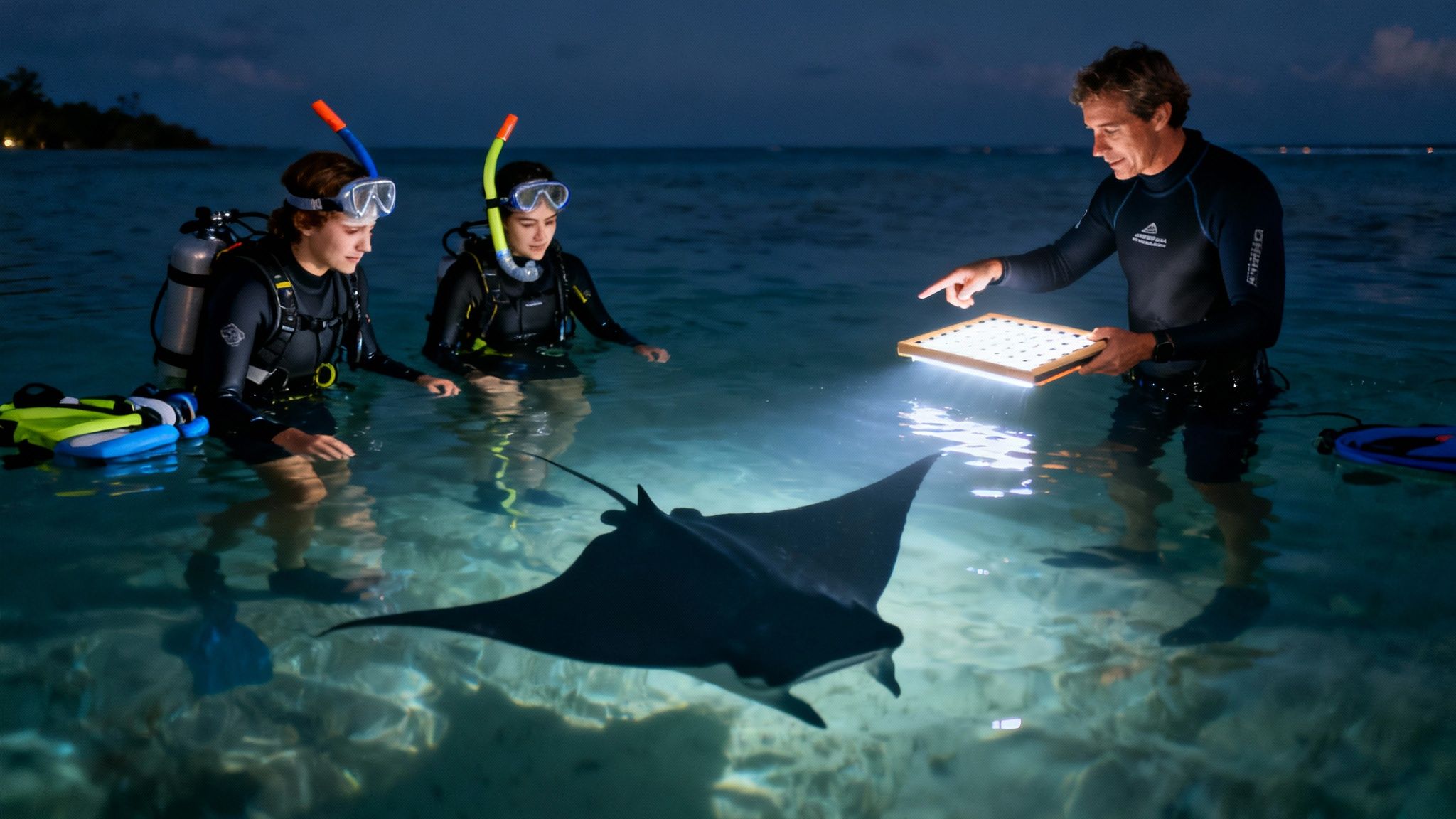 Three people in wetsuits and dive gear observing a manta ray at night.