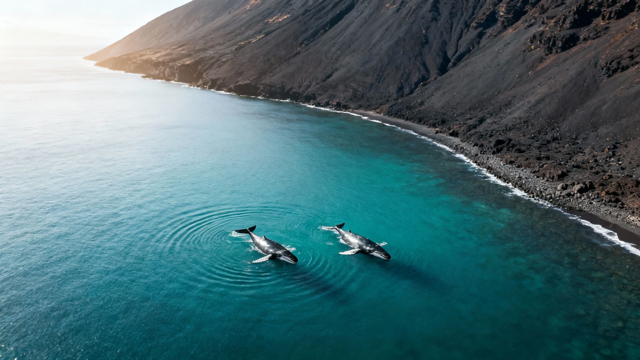 Aerial view of two whales swimming in clear turquoise water near a dark volcanic coastline.