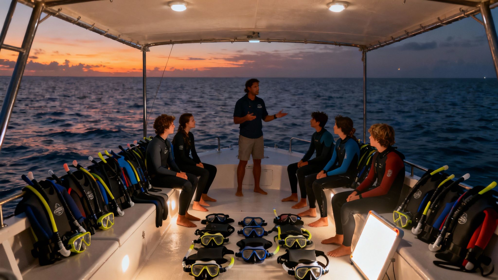 A dive instructor talks to students in wetsuits on a boat, surrounded by snorkeling gear at sunset.