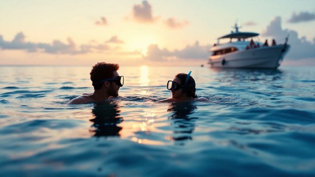 A snorkel tour boat anchored in the clear blue waters of Kealakekua Bay.