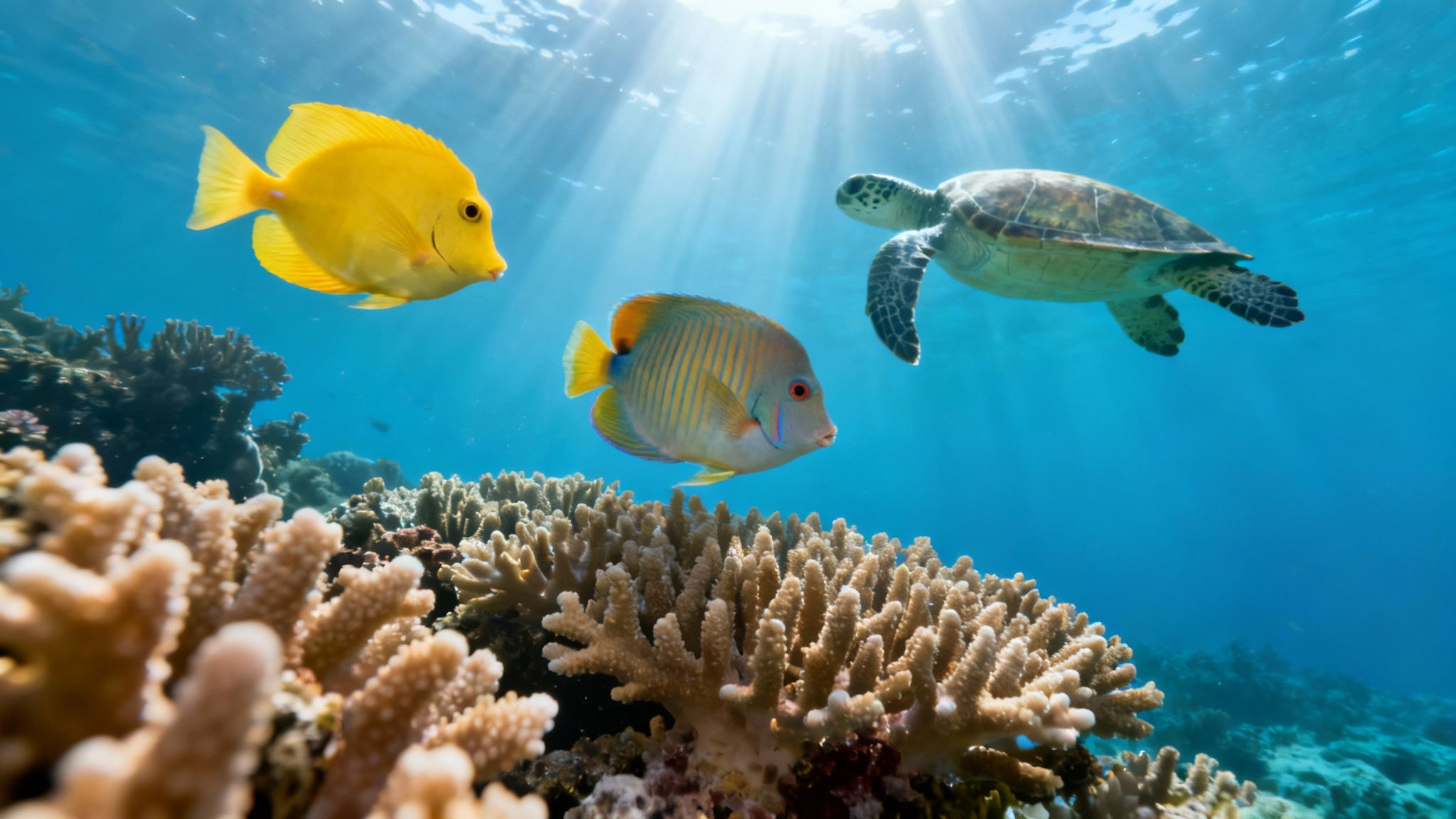 Vibrant coral reef teeming with a yellow tang, angelfish, and a majestic sea turtle.