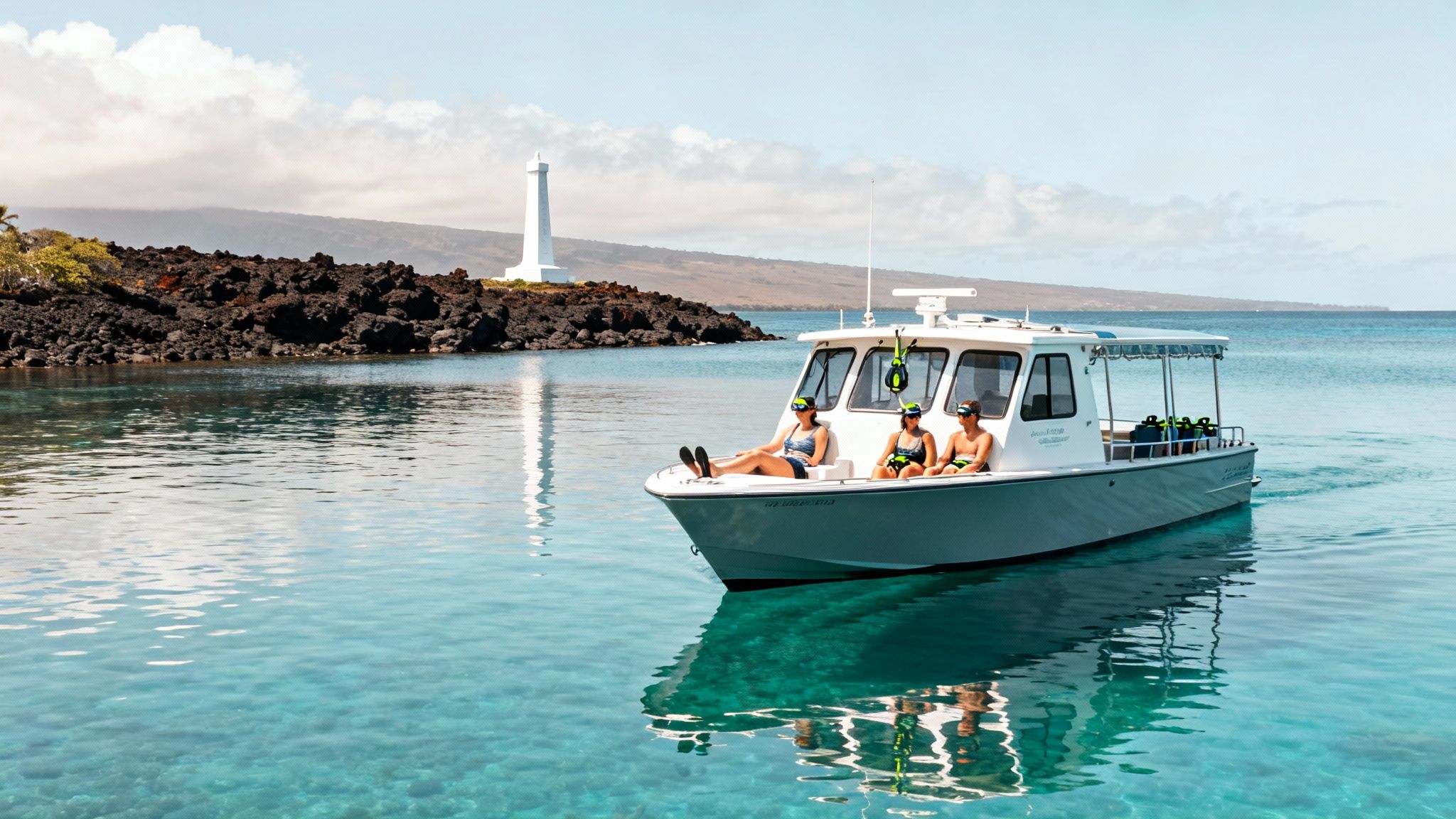 Three people in snorkel gear on a boat in clear blue water near a rocky coast with a lighthouse.