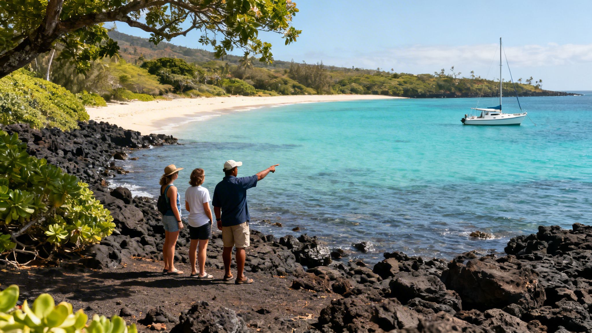 Three people on a volcanic rock shore gaze at a stunning turquoise bay with a white sand beach and a sailboat.