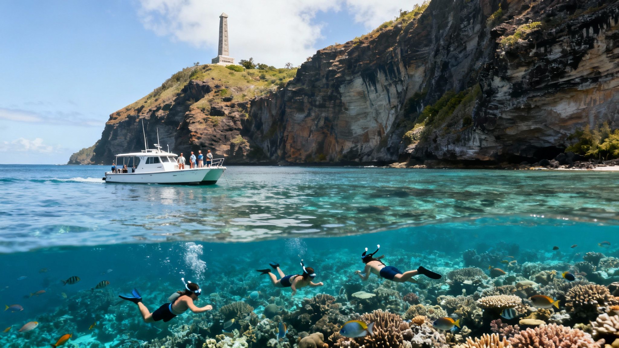 Above and below water view: a boat near a rocky island, and snorkelers exploring vibrant coral reefs.